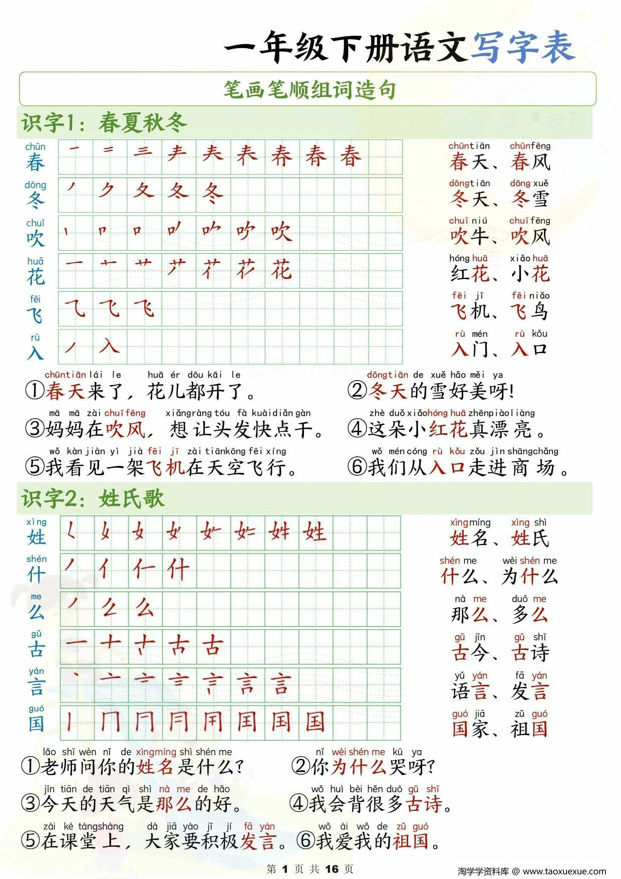 图片[1]-2025一年级下册语文写字表笔画笔顺组词造句，16页PDF可打印-淘学学资料库