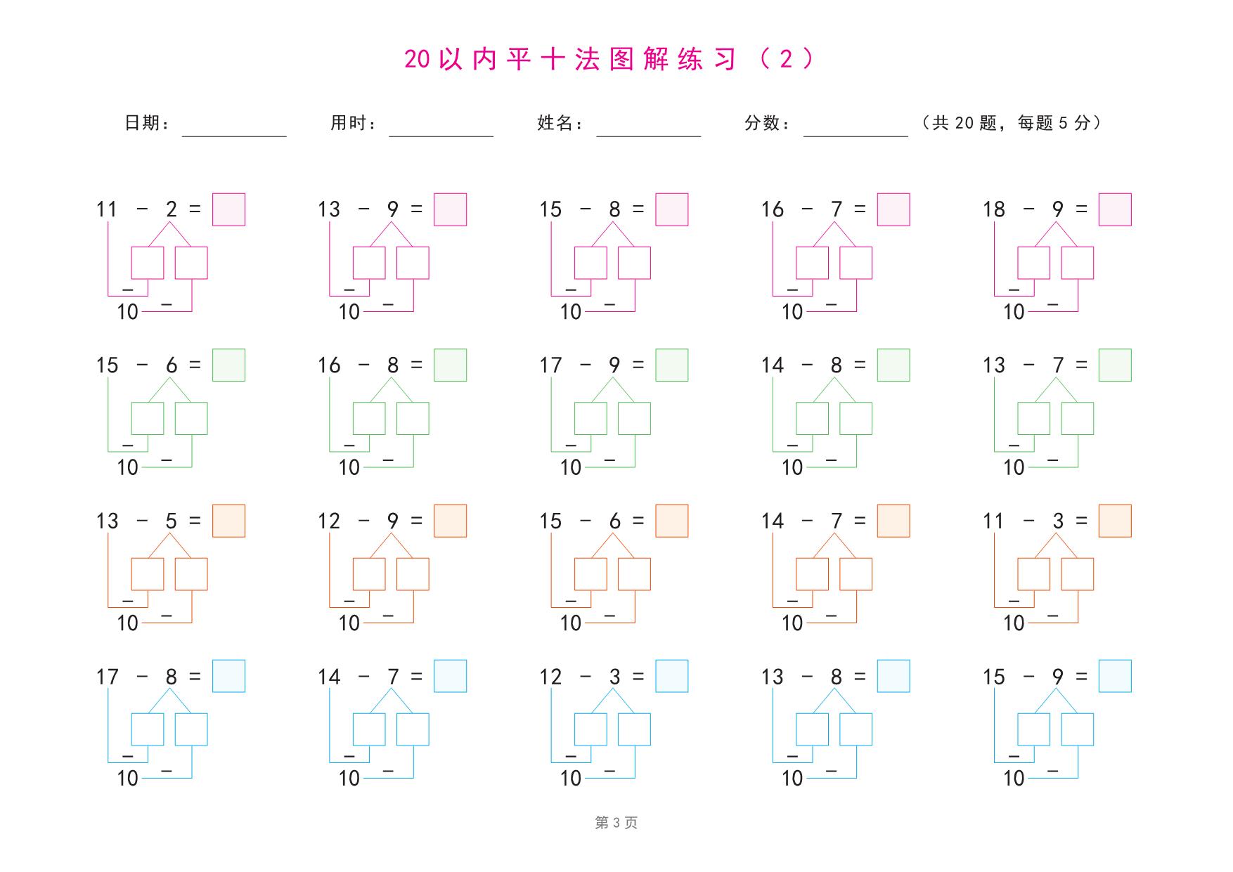 图片[3]-20以内退位减法练习题(平十法图解及算式练习) 21页PDF-淘学学资料库