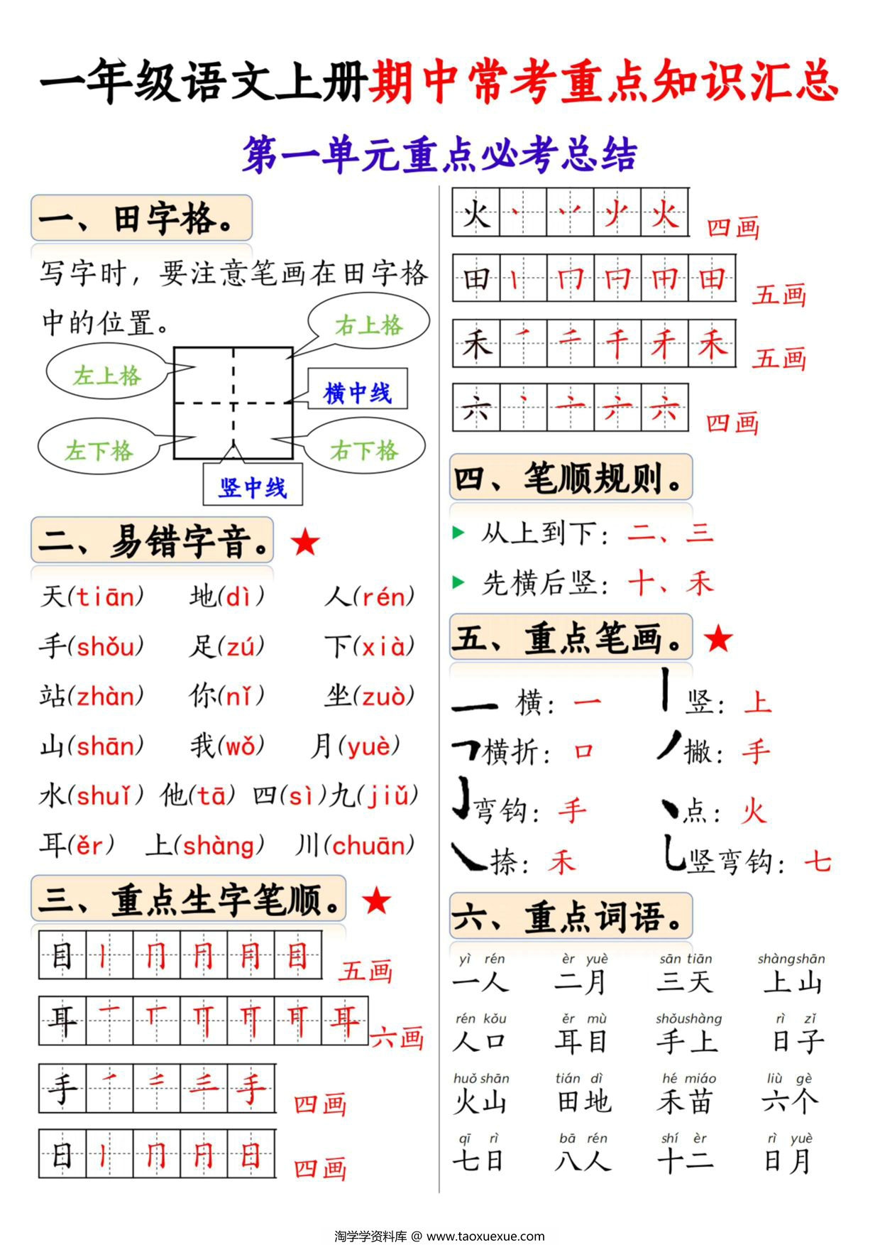 图片[1]-24年秋一年级语文上册1-4单元期中常考重点知识汇总，8页PDF电子版-淘学学资料库