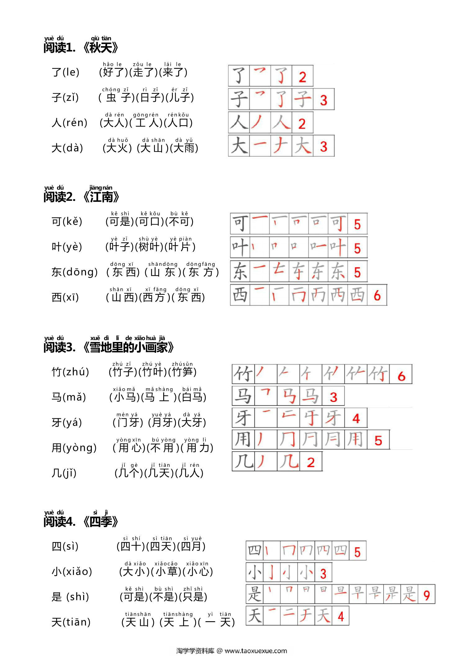 图片[2]-24秋新一年级上册语文生字贴（生字笔顺、拼音、组词），5页PDF可打印-淘学学资料库