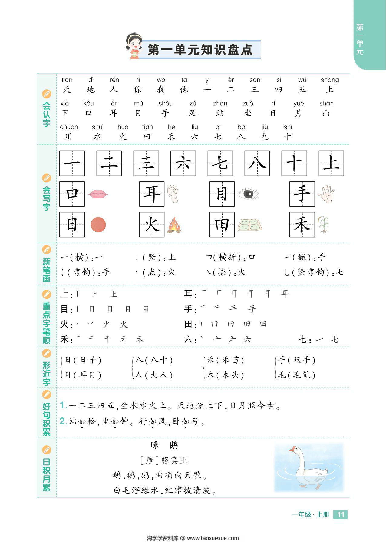 图片[1]-24秋新版一年级上册语文1-8单元《知识盘点》，8页PDF电子版-淘学学资料库