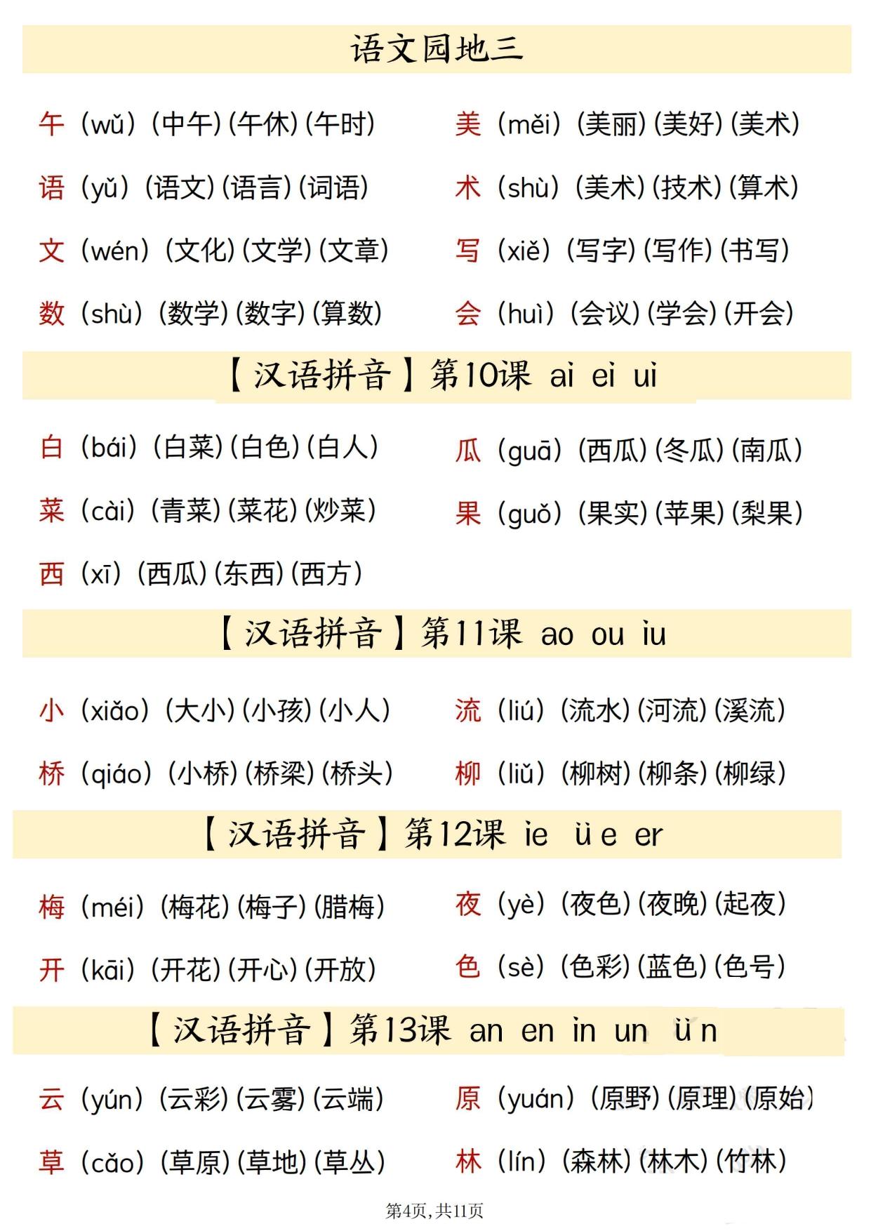 图片[3]-24秋新版一年级上册语文识字表生字、拼音、组词汇总，11页PDF可打印-淘学学资料库