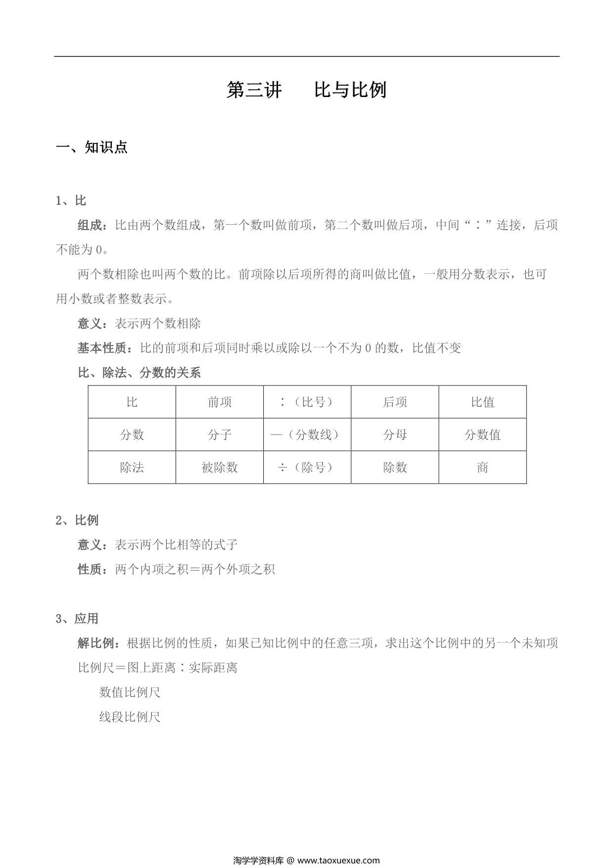 图片[1]-【小升初专题复习】北师大版六年级下册数学-第三讲 比与比例，12页PDF电子版-淘学学资料库