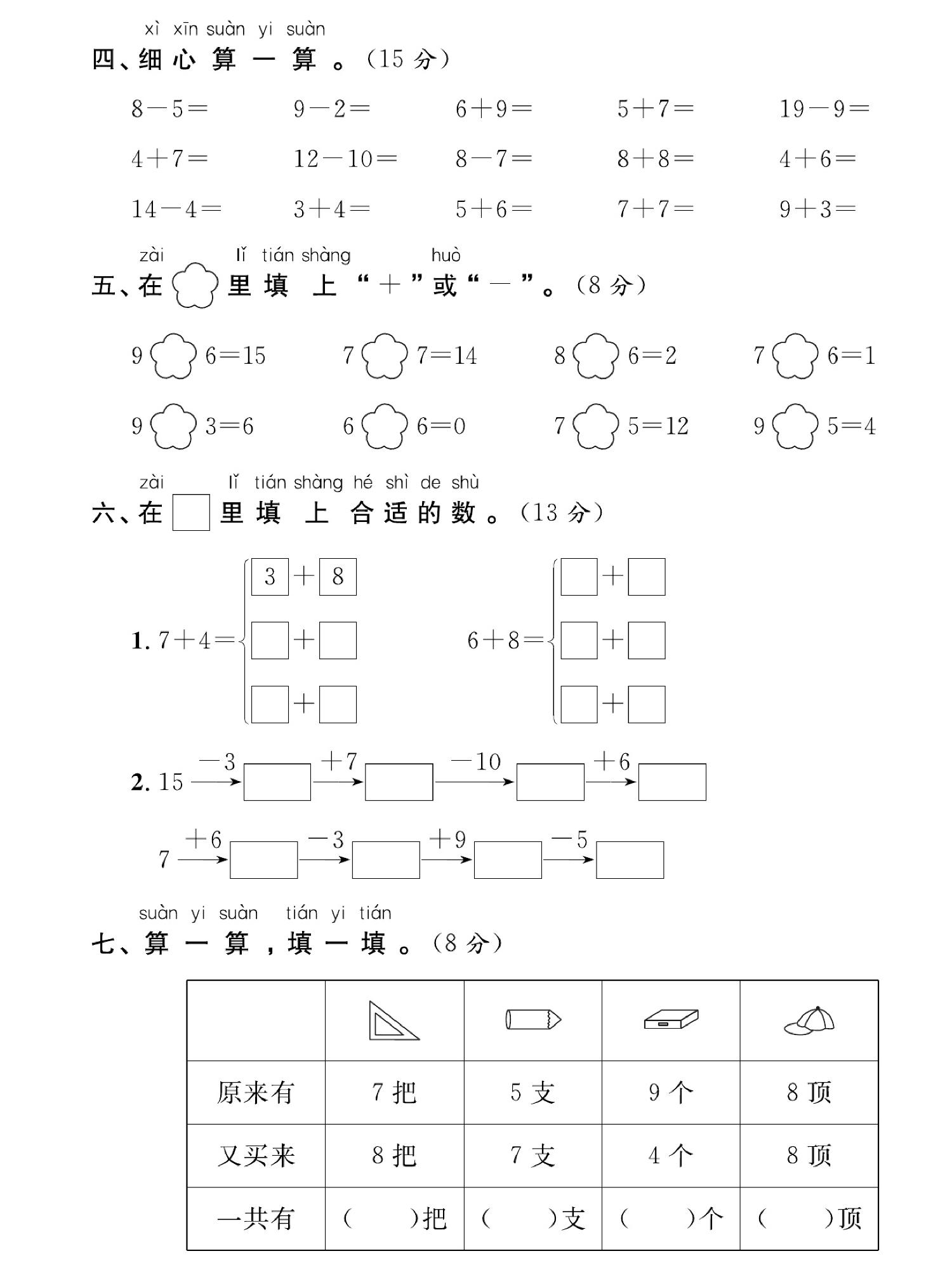 图片[2]-一年级上册数学期末复习数的计算，5页PDF电子版-淘学学资料库