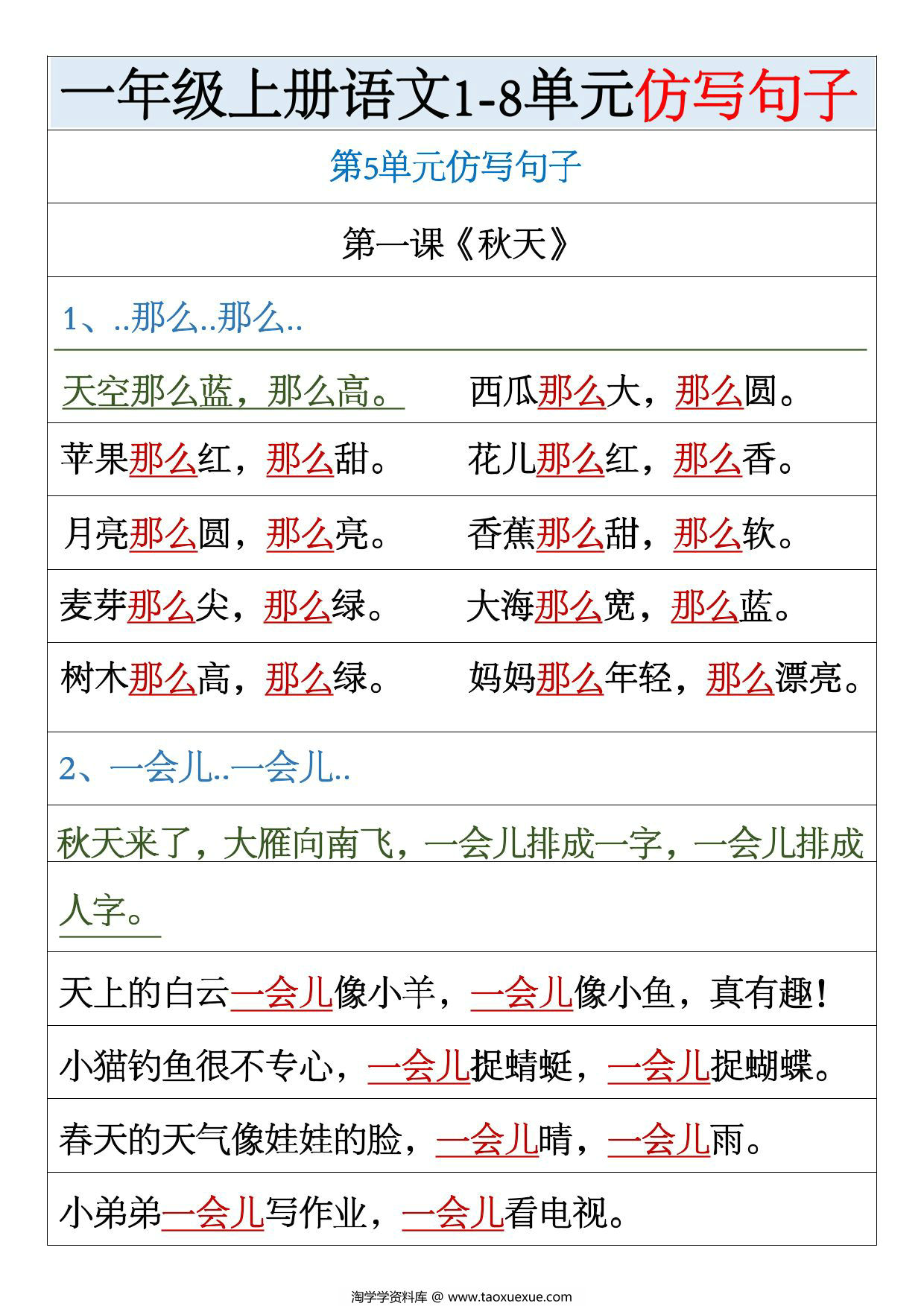 图片[2]-一年级上册语文1-8单元仿写句子汇总，9页PDF电子版-淘学学资料库