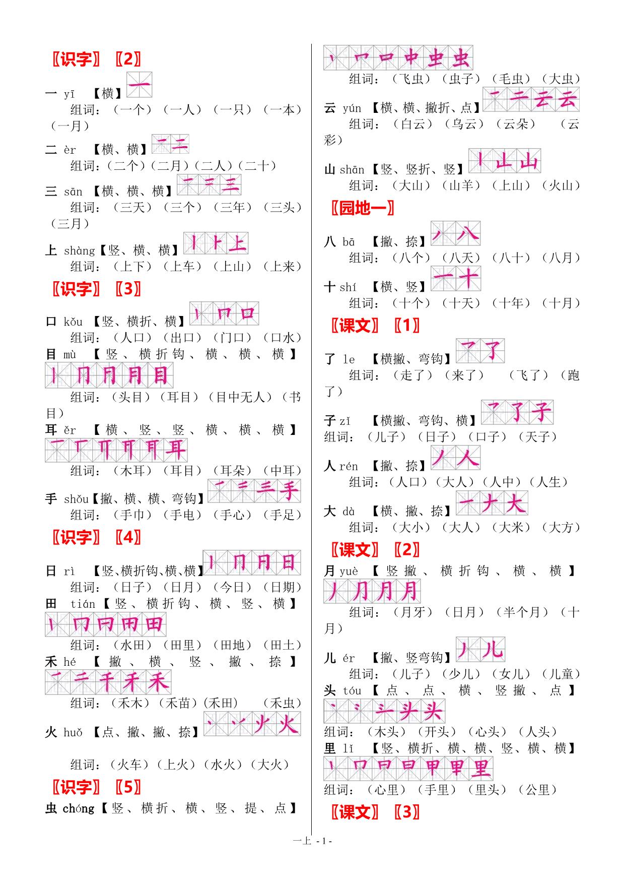 图片[1]-一年级上册语文全册生字 笔顺 组词，4页PDF可打印-淘学学资料库