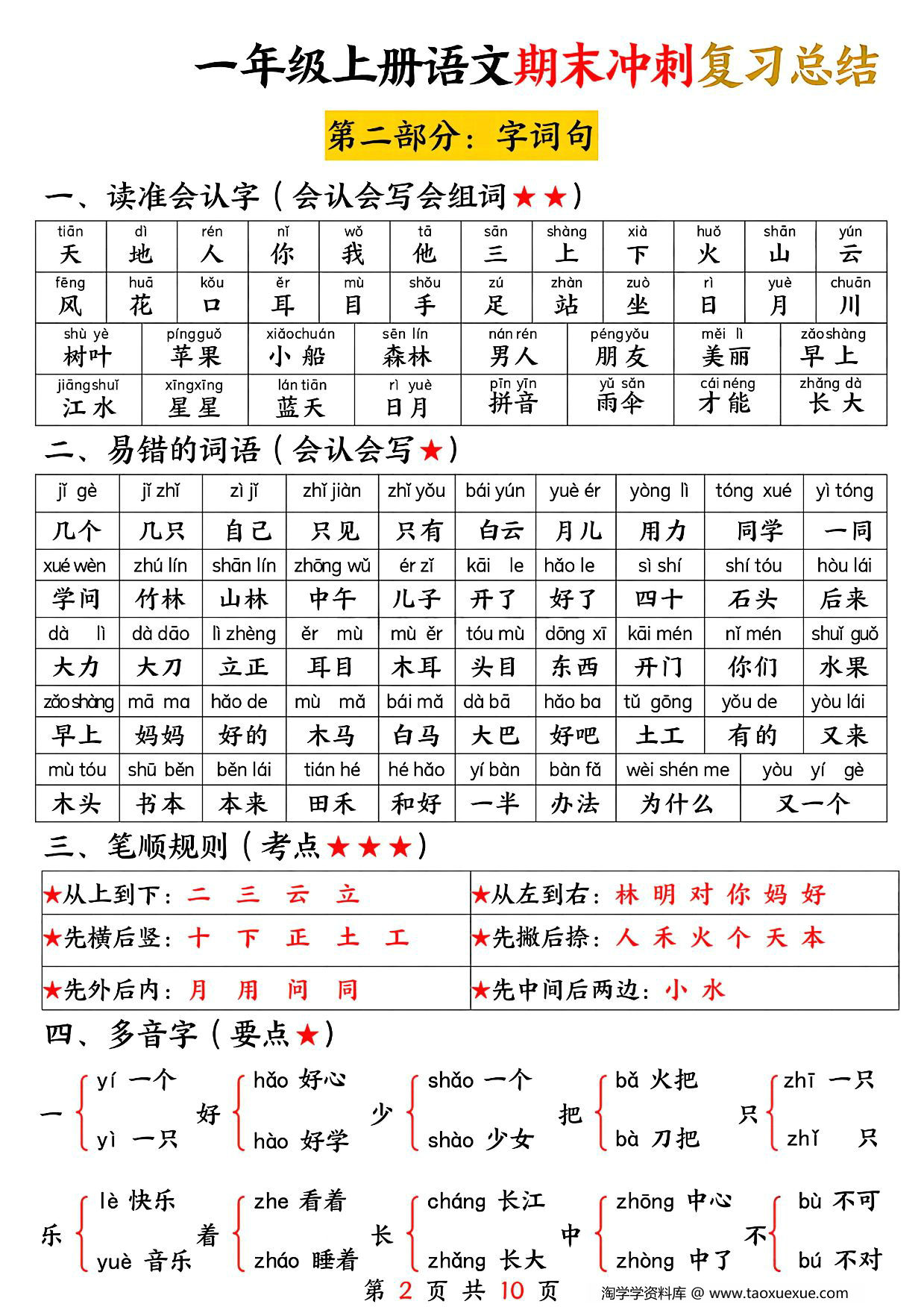 图片[2]-一年级上册语文期末冲刺复习总结，10页PDF可打印-淘学学资料库