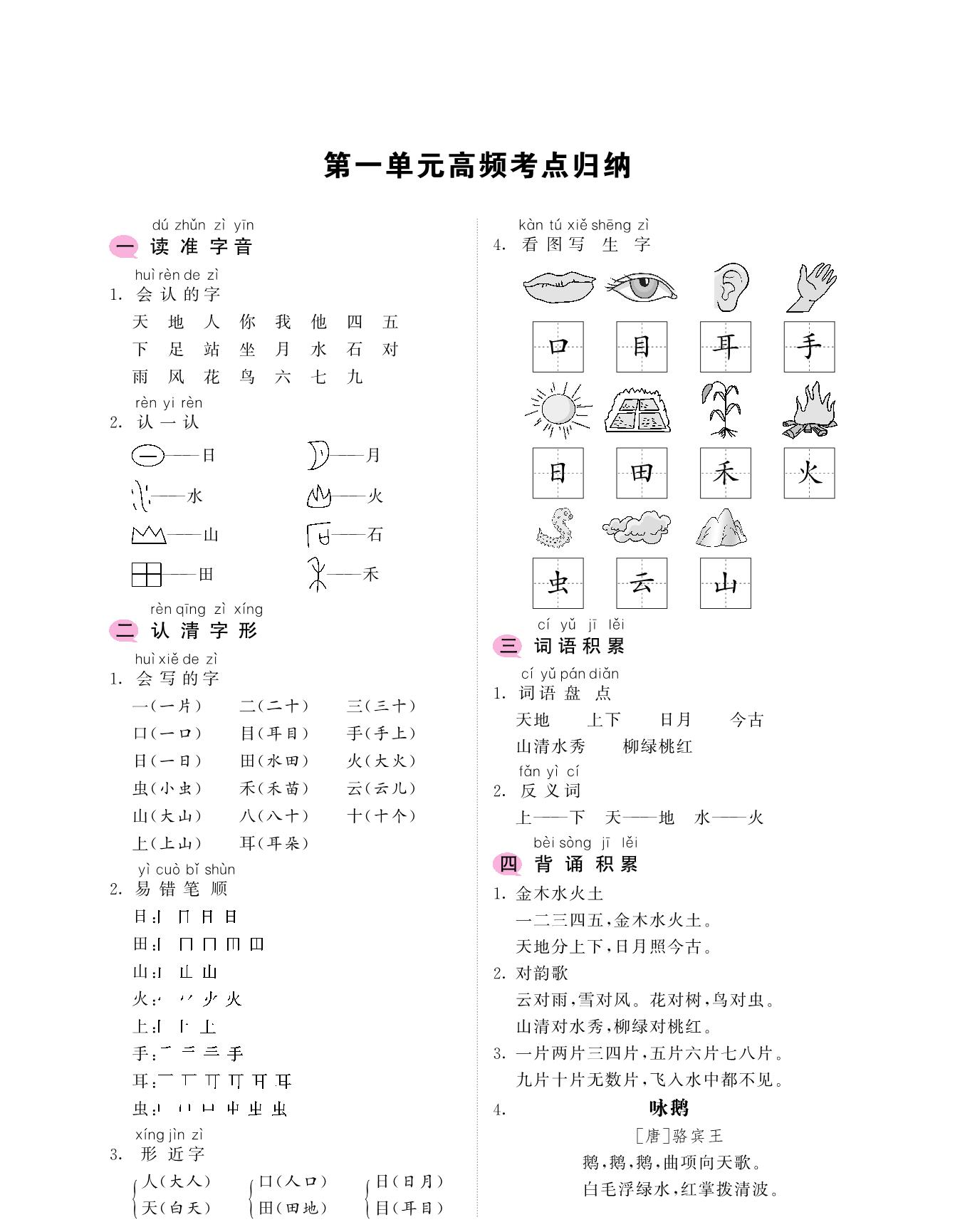 图片[1]-一年级上册语文考点归纳-1-8单元高频考点归 9页PDF-淘学学资料库