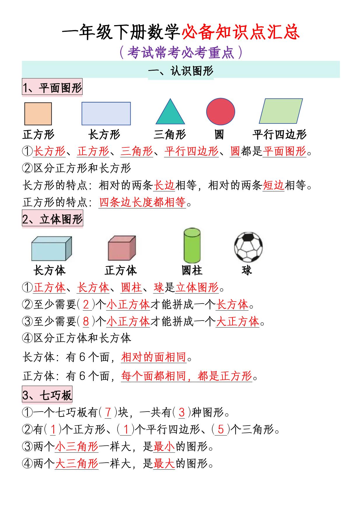 图片[1]-一年级下册数学全册必备知识点汇总，考试常考必考重点，8页PDF电子版-淘学学资料库