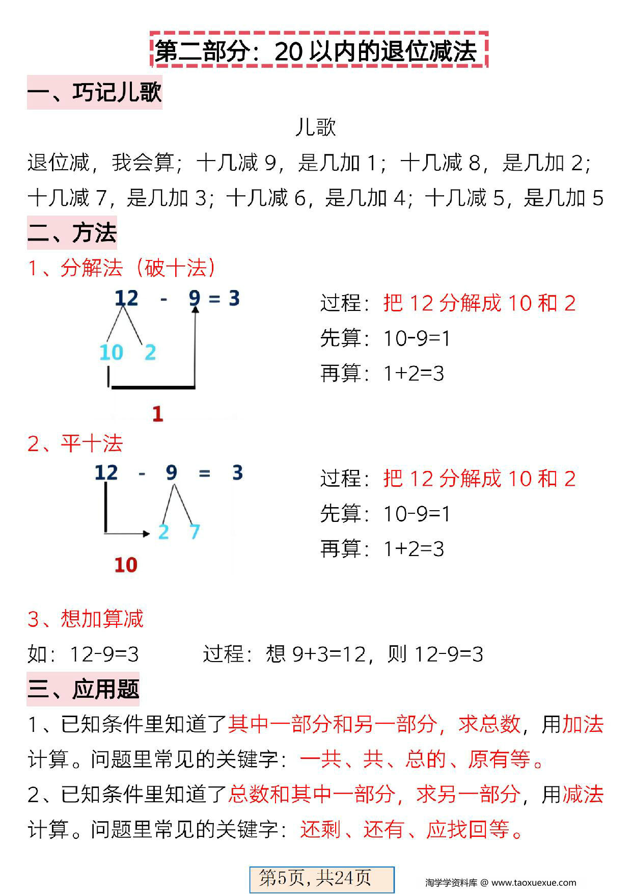 图片[2]-一年级下册数学全册重难点学霸笔记，24页PDF电子版-淘学学资料库