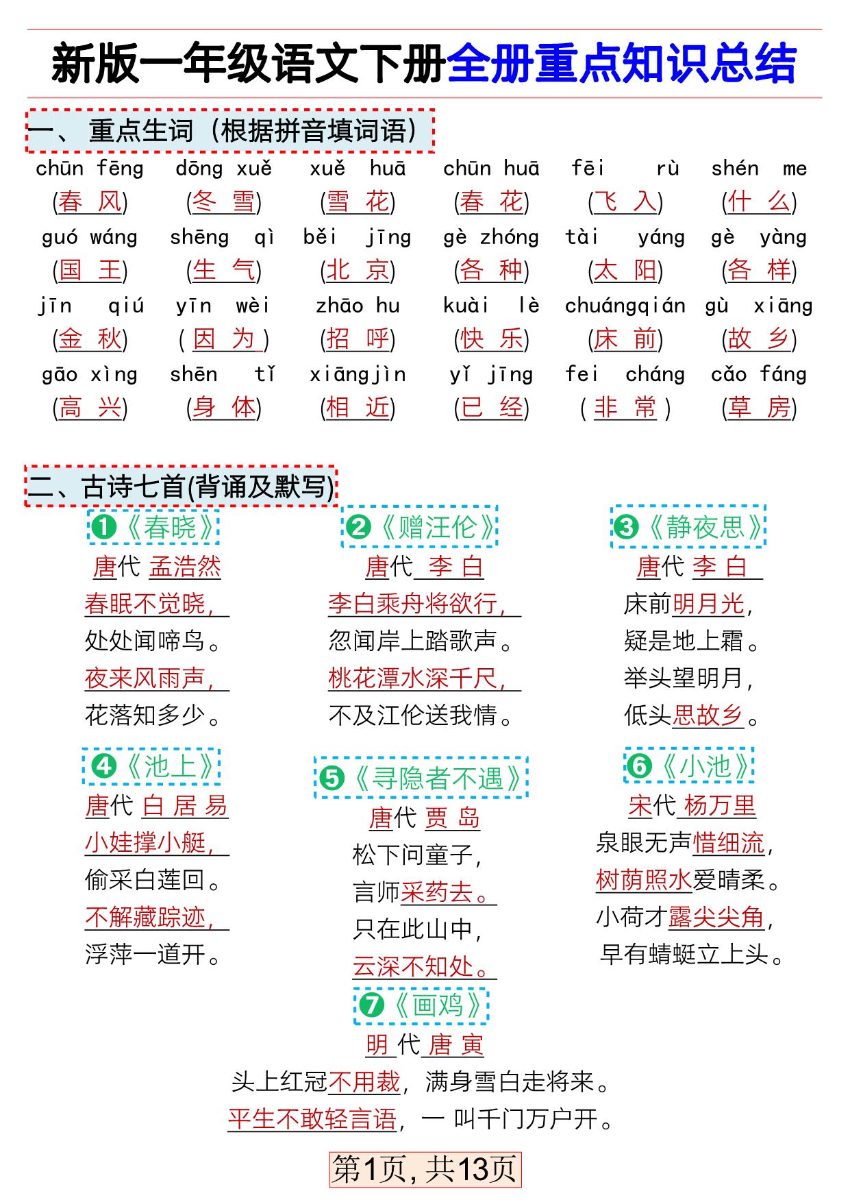 图片[1]-一年级下册语文全册重点知识总结，13页PDF可打印-淘学学资料库