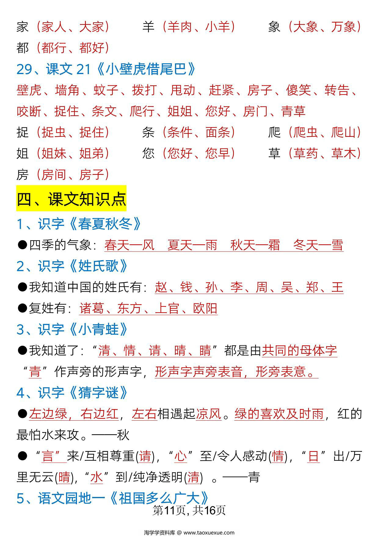 图片[3]-一年级下册语文全册重难点知识总结，16页PDF可打印-淘学学资料库