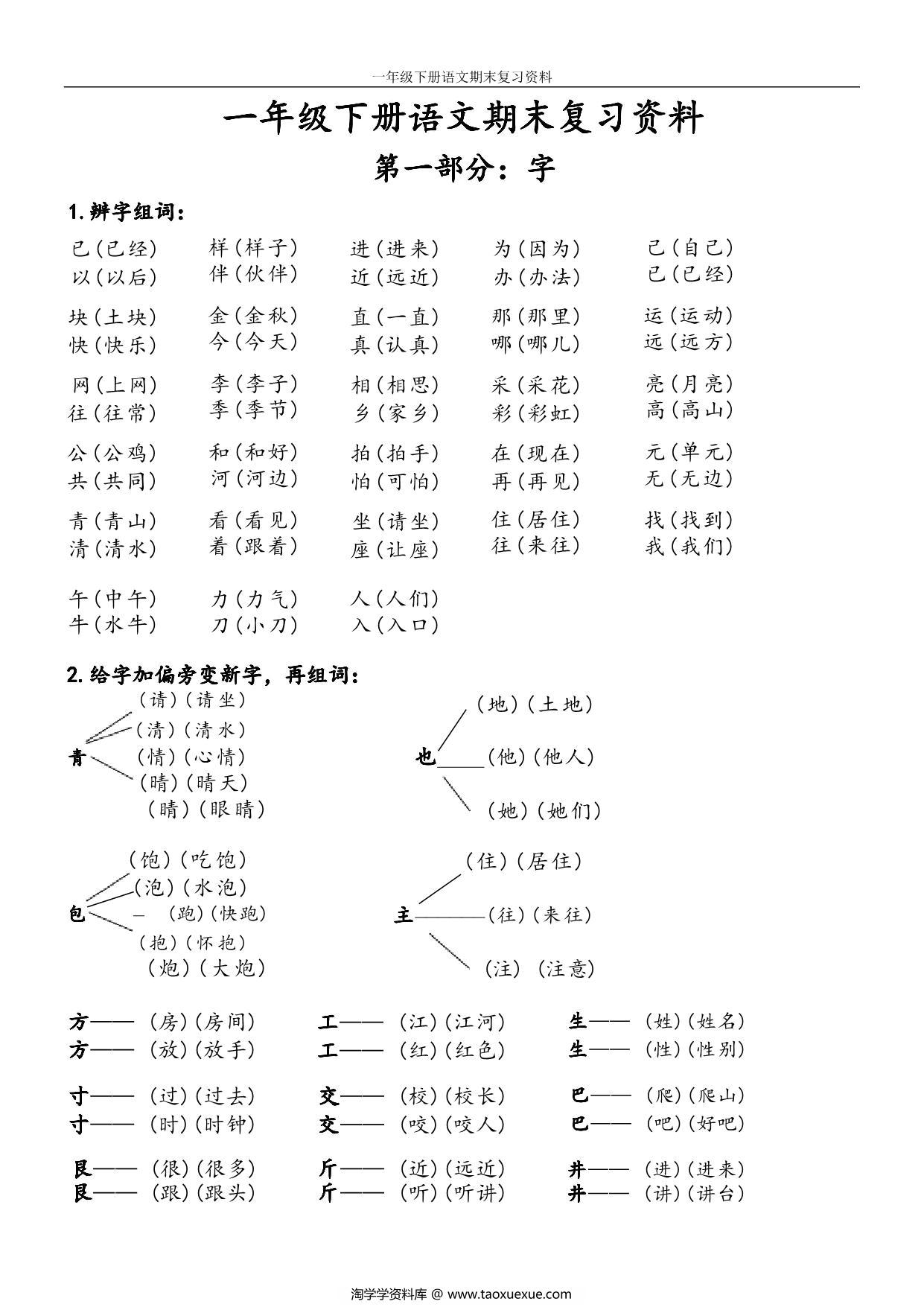 图片[1]-一年级下册语文期末复习资料，16页PDF电子版-淘学学资料库