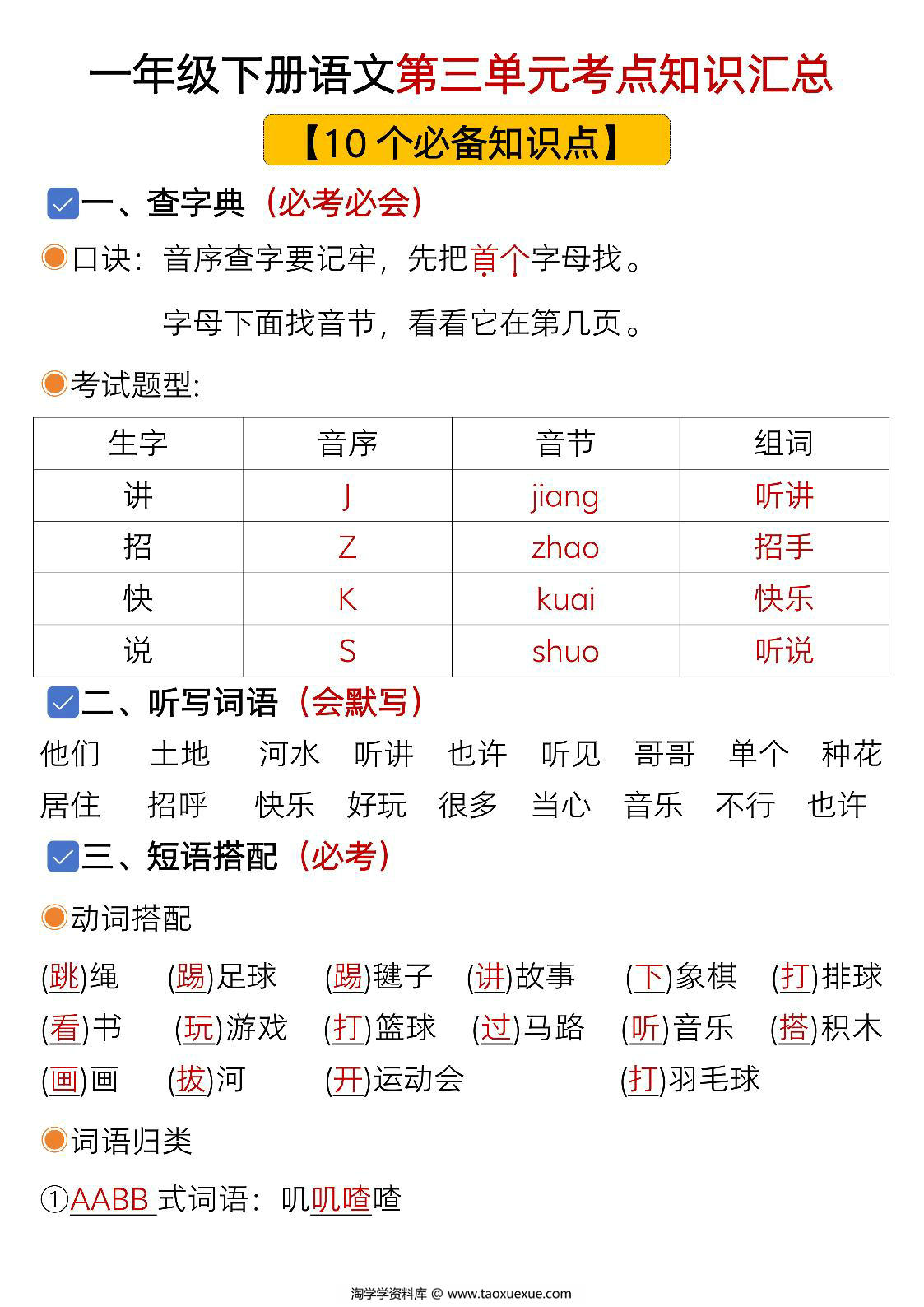 图片[1]-一年级下册语文第三单元考点知识汇总-10个必备知识点，7页PDF电子版-淘学学资料库