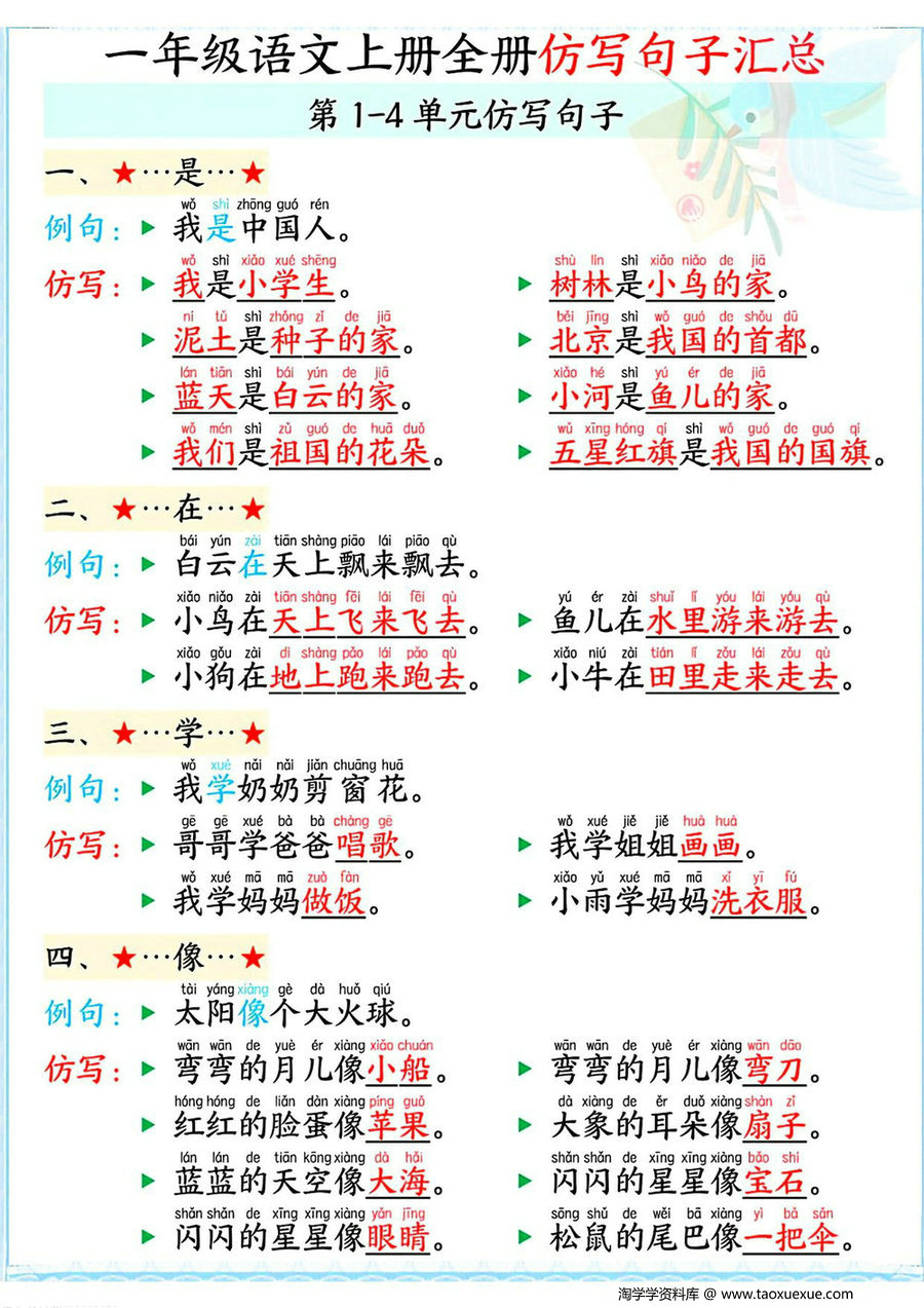 图片[1]-一年级语文上册1-8单元仿写句子汇总，5页PDF电子版-淘学学资料库