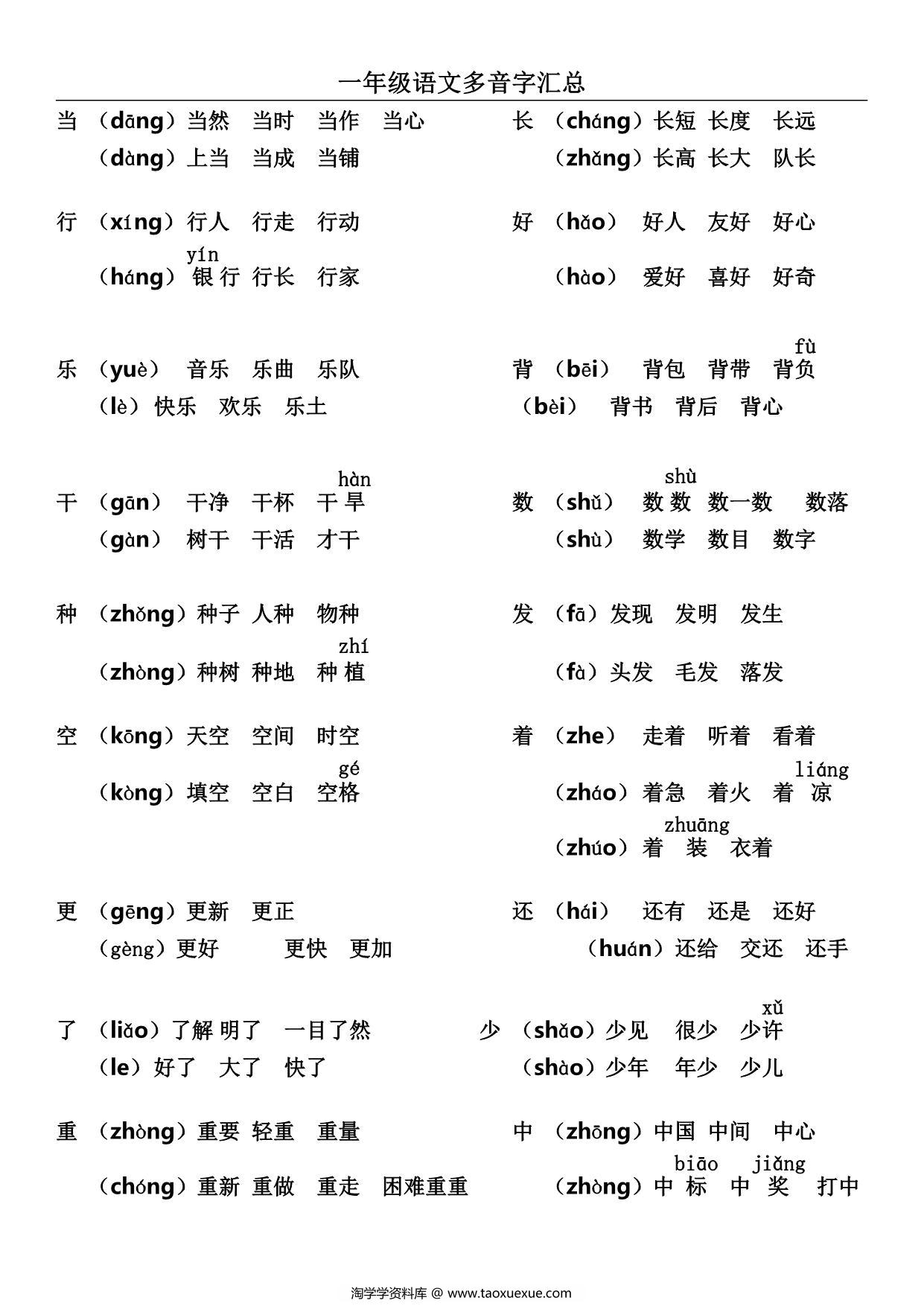 图片[1]-一年级语文上册多音字及组词汇总，3页PDF电子版-淘学学资料库