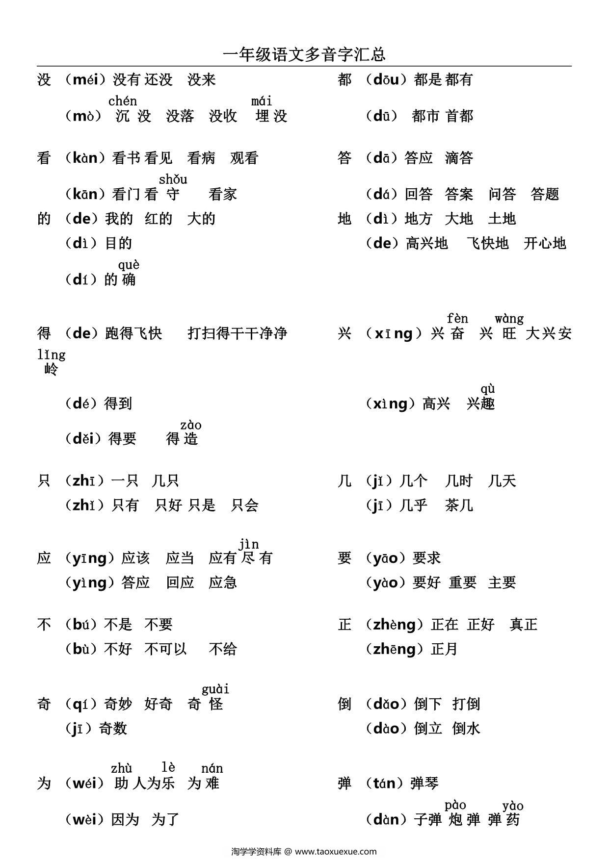 图片[2]-一年级语文上册多音字及组词汇总，3页PDF电子版-淘学学资料库