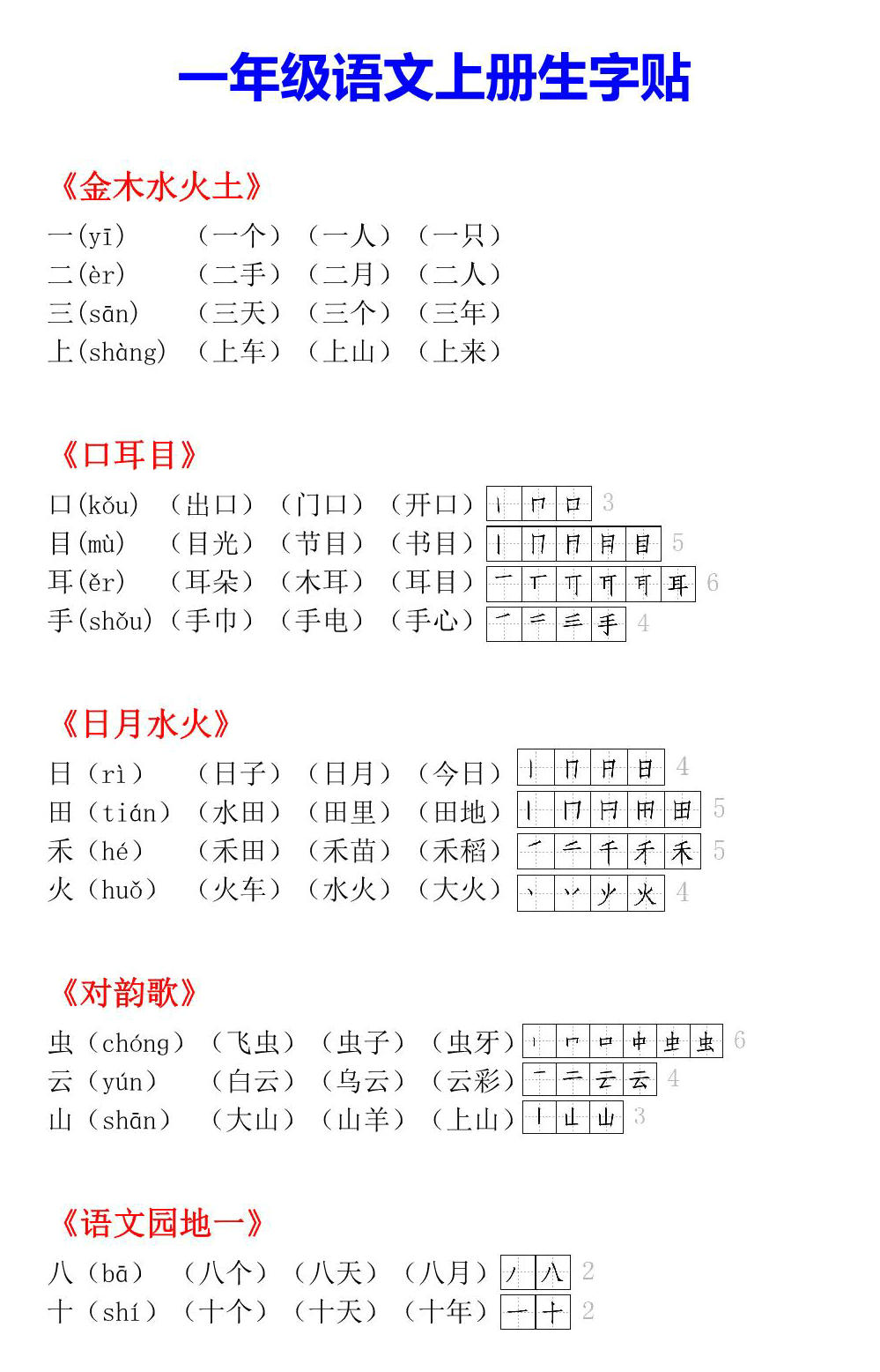 图片[1]-一年级语文上册生字小贴贴，页PDF可打印-淘学学资料库