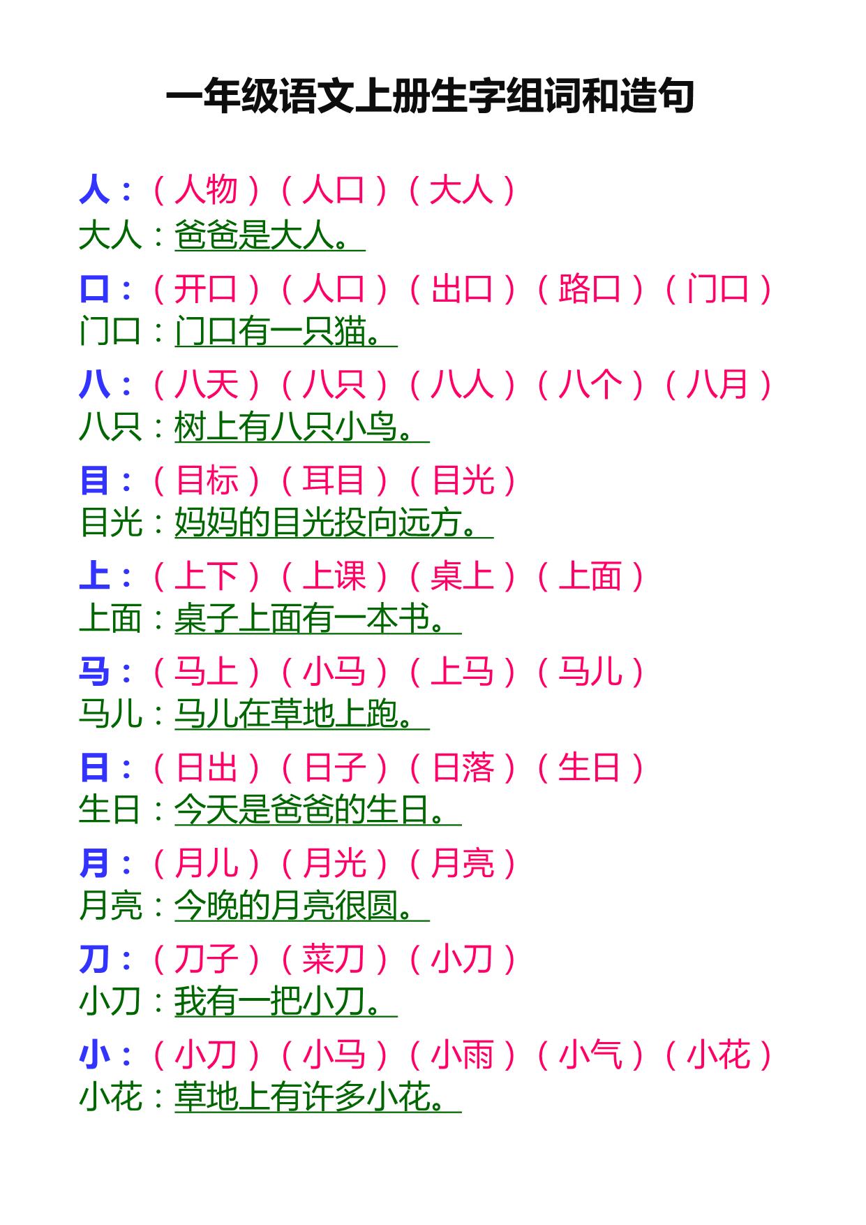 图片[1]-一年级语文上册生字组词和造句，14页PDF电子版可打印-淘学学资料库