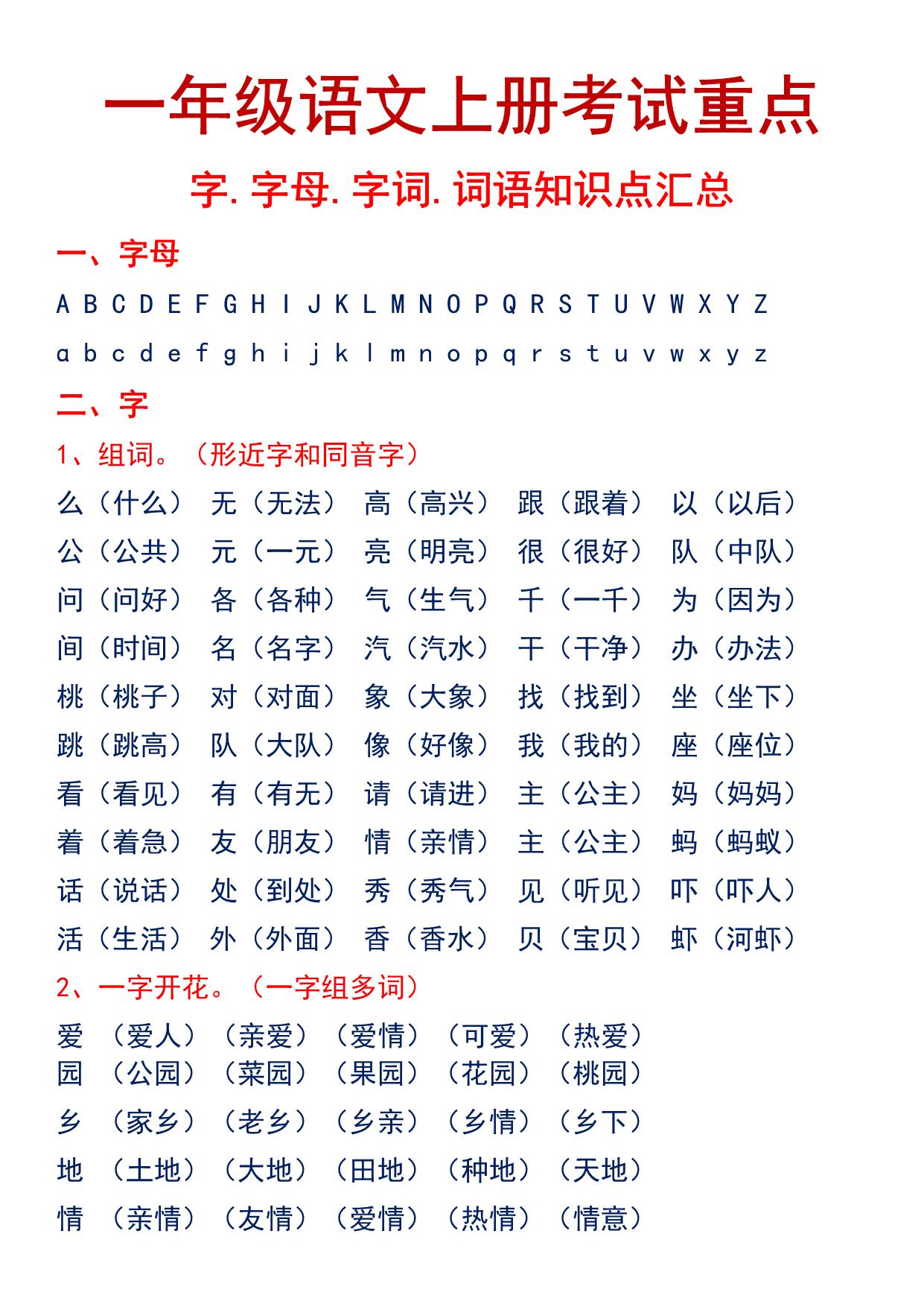 图片[1]-一年级语文上册考试重点 字.字母.字词.词语知识点汇总，7页PDF可打印-淘学学资料库