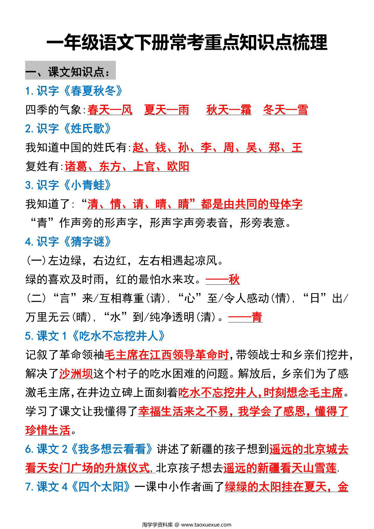 图片[1]-一年级语文下册常考重点知识点梳理，11页PDF可打印-淘学学资料库