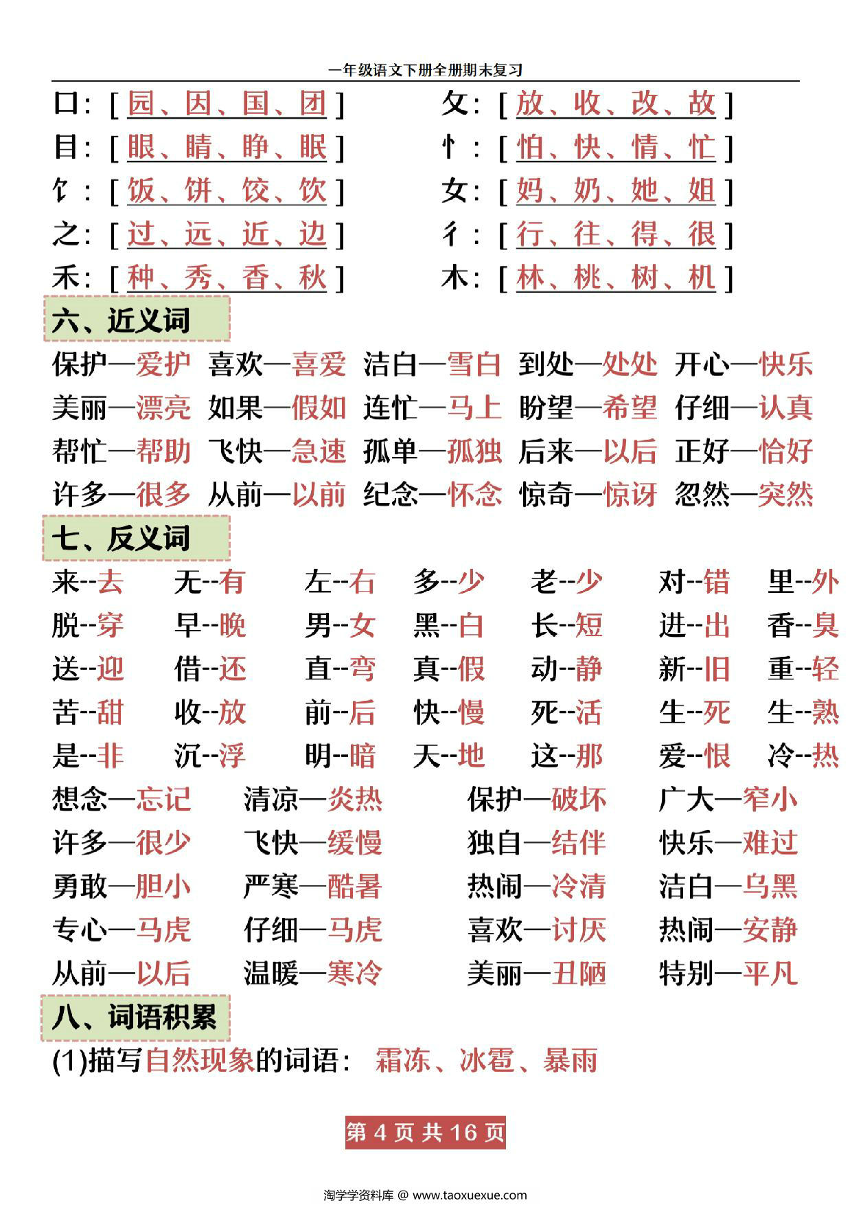 图片[2]-一年级语文下册期末复习资料，16页PDF可打印-淘学学资料库