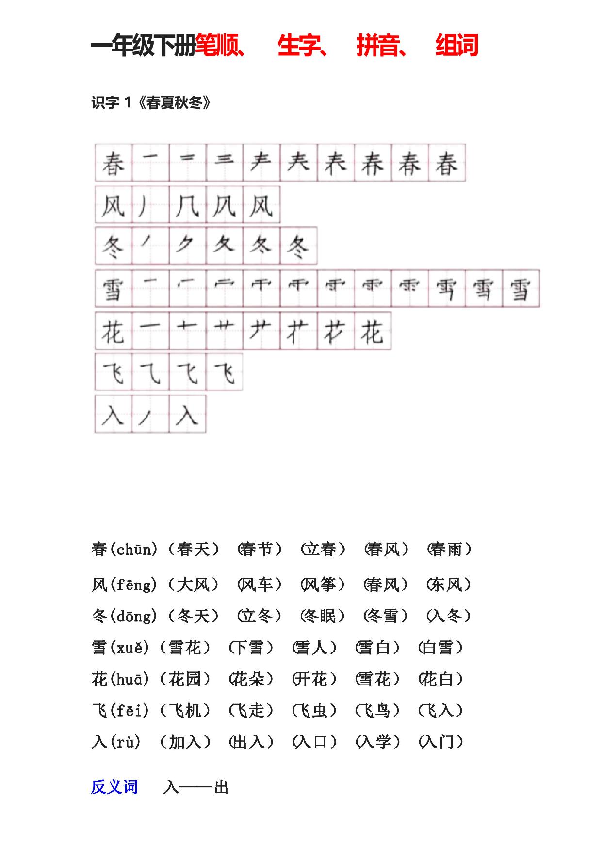 图片[1]-一年级语文下册笔顺、生字、拼音、组词，30页PDF可打印-淘学学资料库