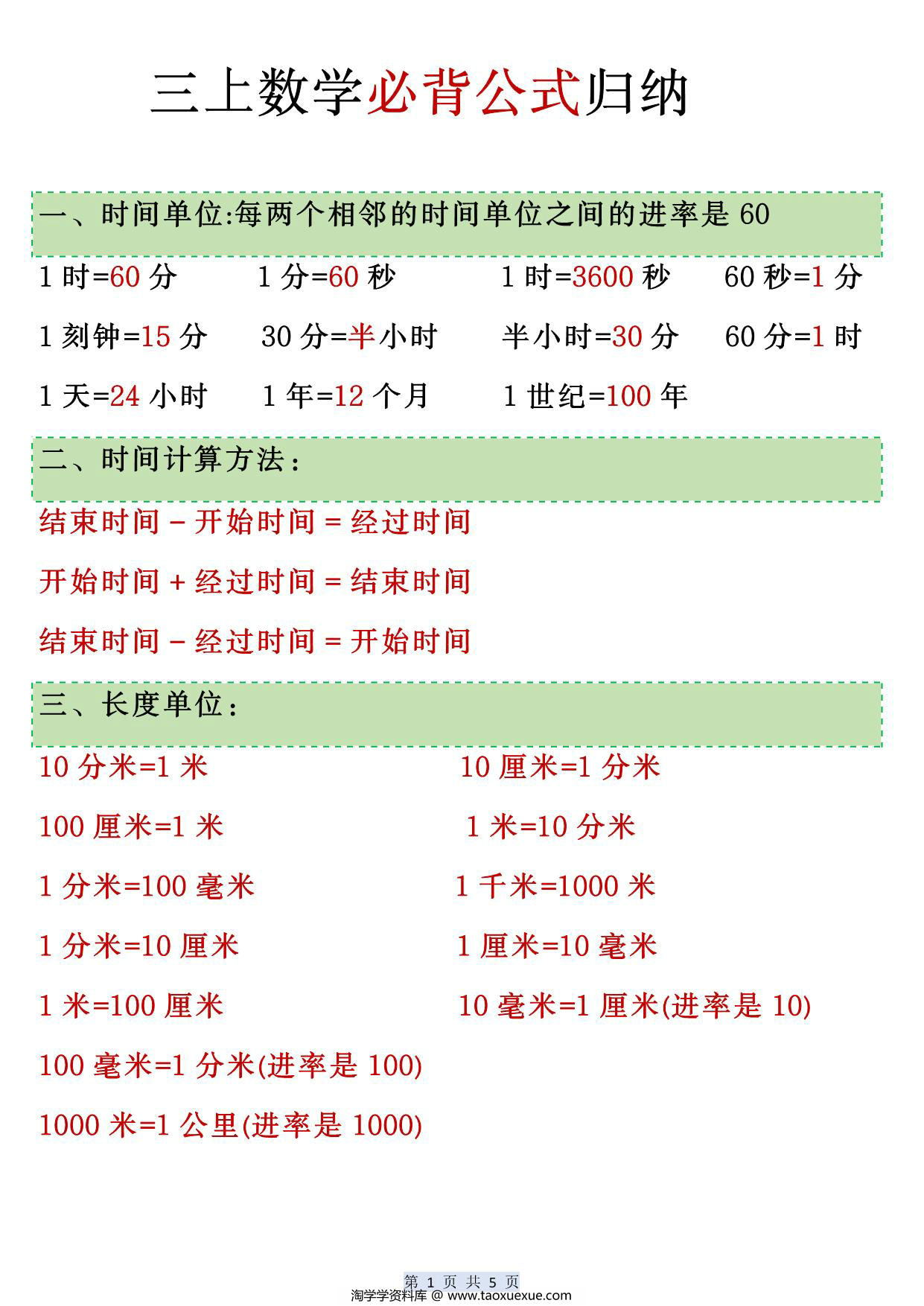 图片[1]-三上数学必背公式归纳，5页PDF可打印-淘学学资料库