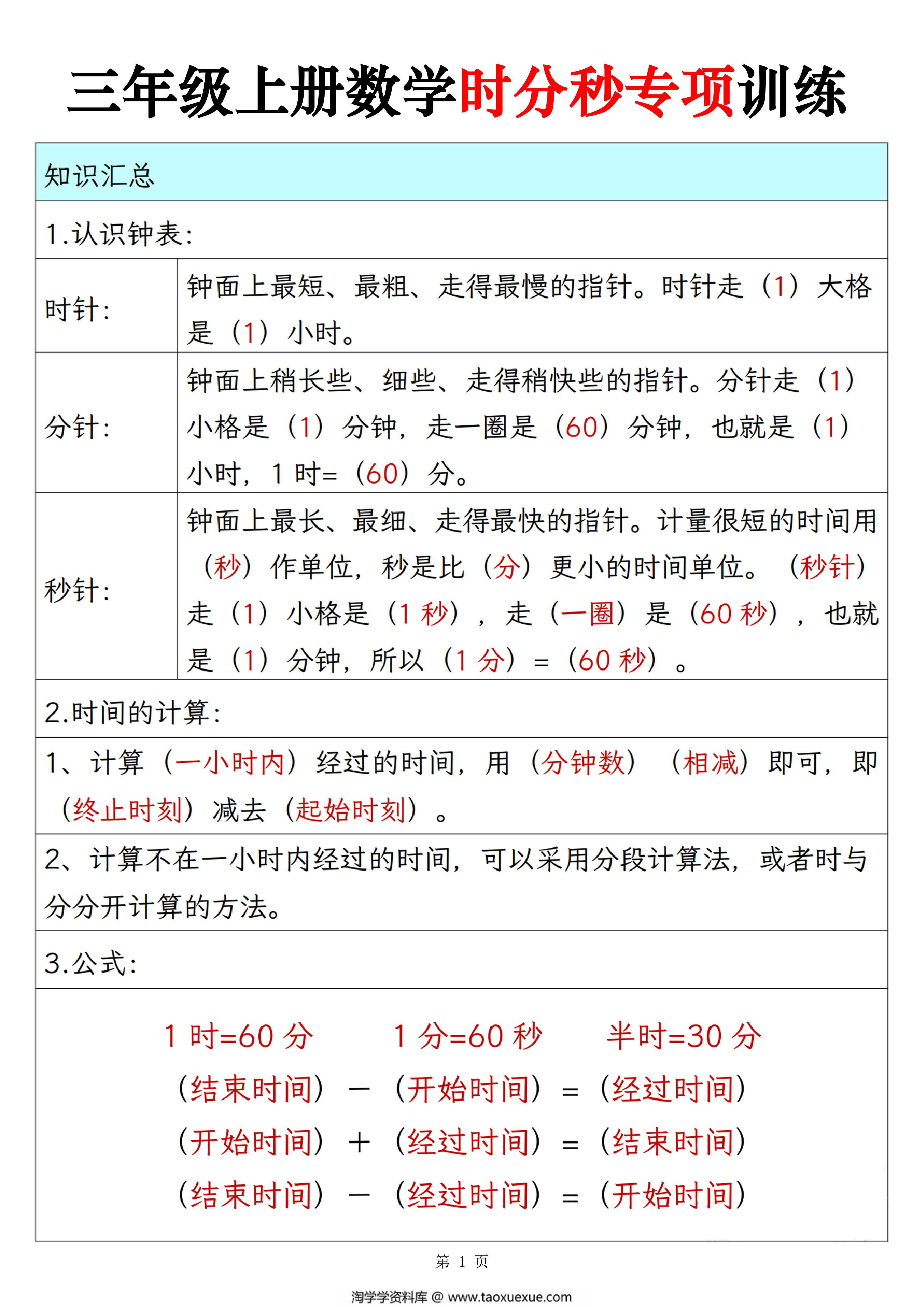 图片[1]-三年级上册数学时分秒专项训练（人教版），10页PDF电子版-淘学学资料库