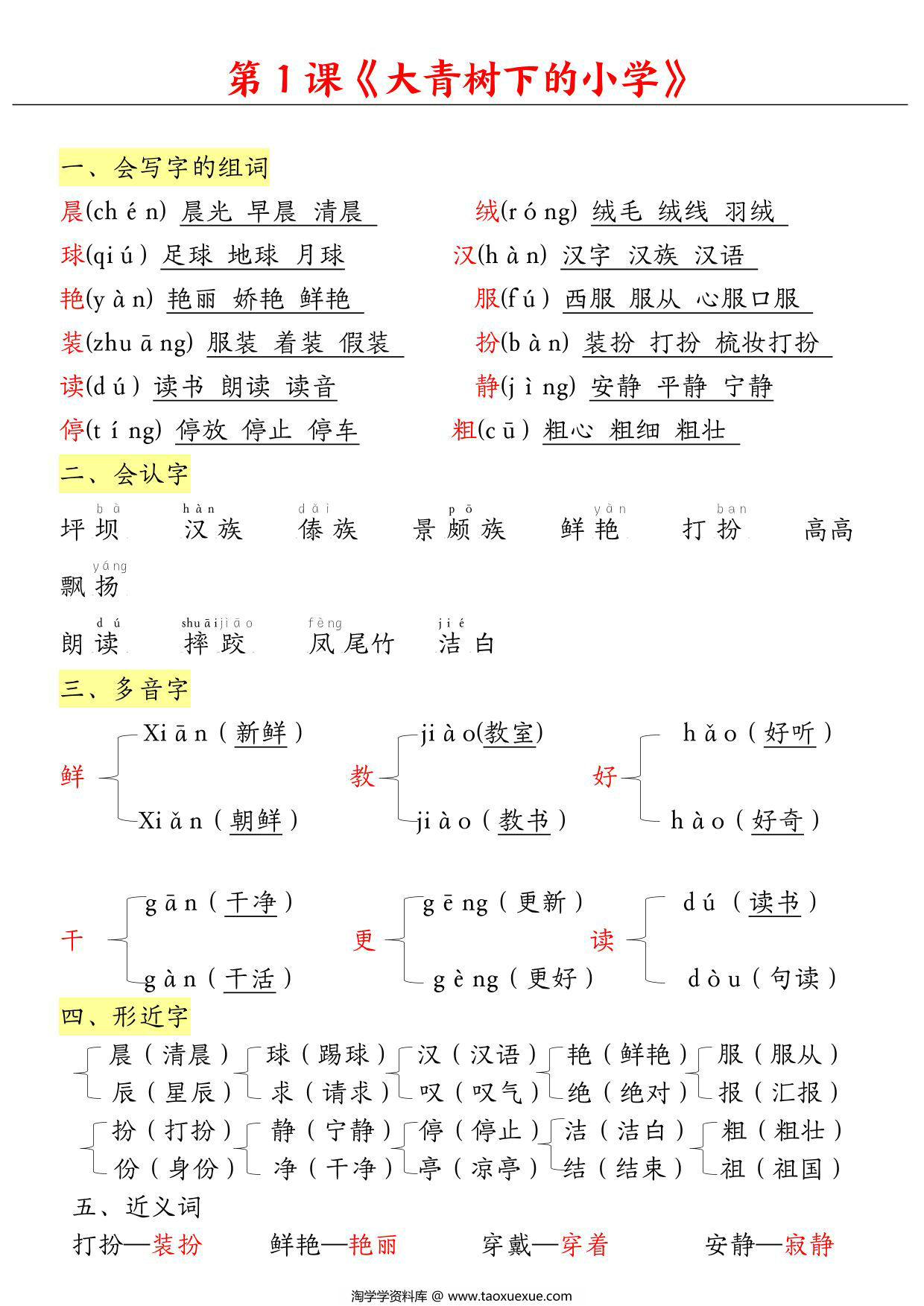 图片[1]-三年级上册语文1-4单元知识点总结，37页PDF电子版-淘学学资料库