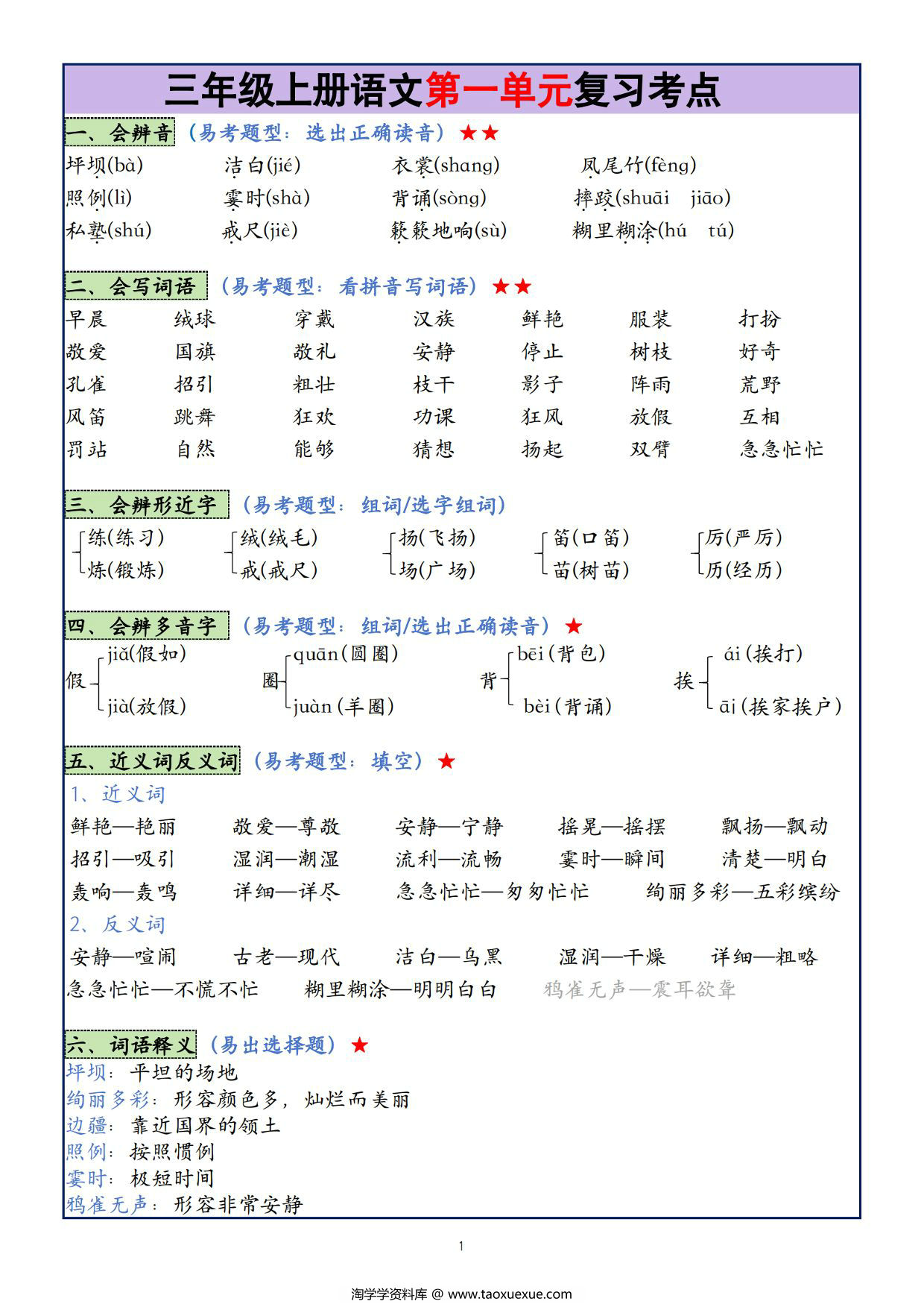 图片[1]-三年级上册语文1-8单元复习考点大总结，25页PDF电子版-淘学学资料库