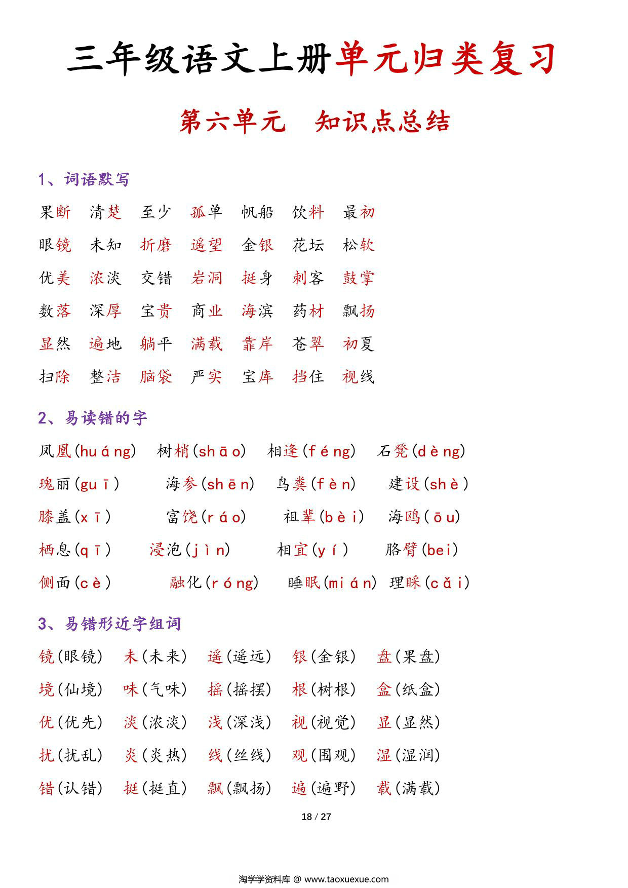 图片[2]-三年级上册语文1-8单元归类复习-知识点总结，27页PDF可打印-淘学学资料库