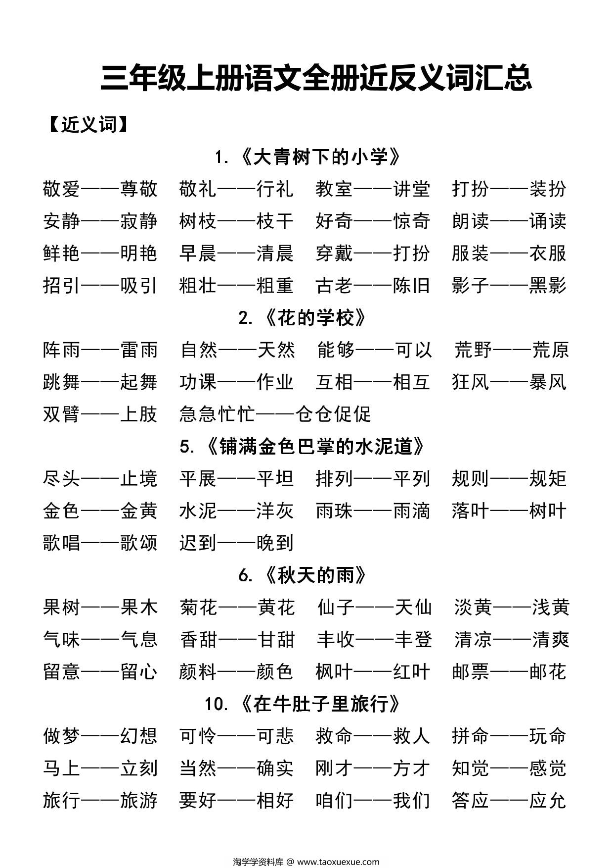 图片[1]-三年级上册语文全册近反义词汇总，7页PDF电子版-淘学学资料库