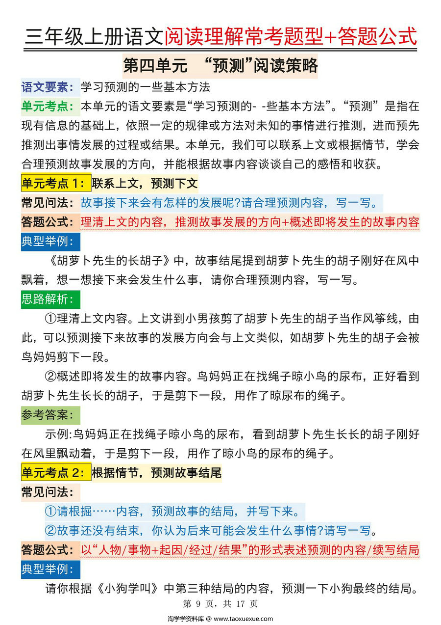 图片[2]-三年级上册语文阅读理解常考题型+答题公式，17页PDF电子版-淘学学资料库