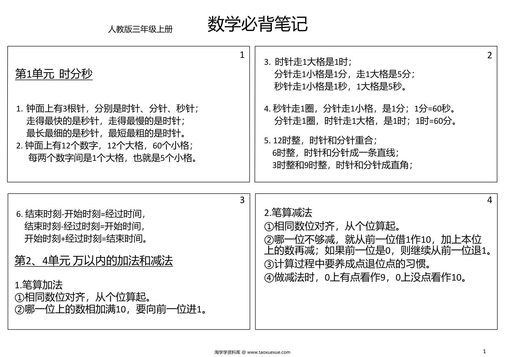 图片[1]-三年级数学上册必背笔记（可做课课贴），5页PDF电子版-淘学学资料库