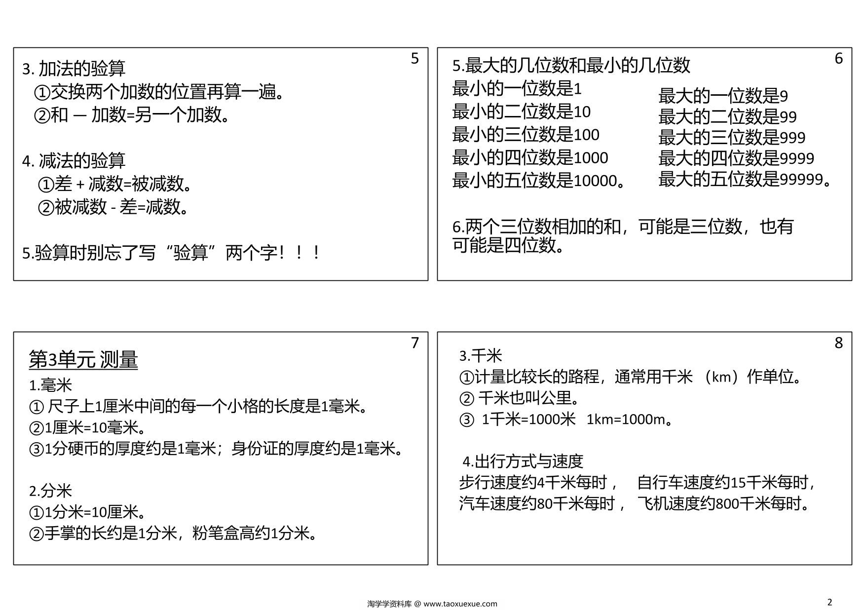 图片[2]-三年级数学上册必背笔记（可做课课贴），5页PDF电子版-淘学学资料库