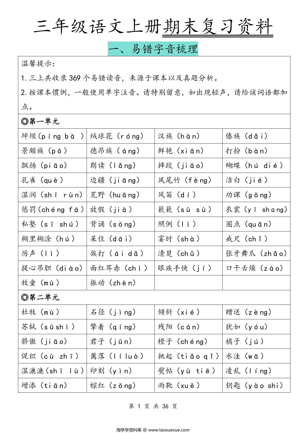 图片[1]-三年级语文上册期末复习资料，36页PDF电子版-淘学学资料库