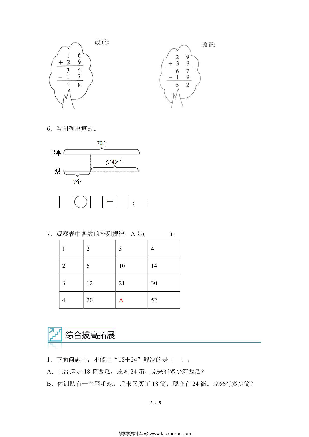 图片[2]-专题02：100 以内加减法及应用-二年级数学专项提升（人教版），5页PDF可打印-淘学学资料库