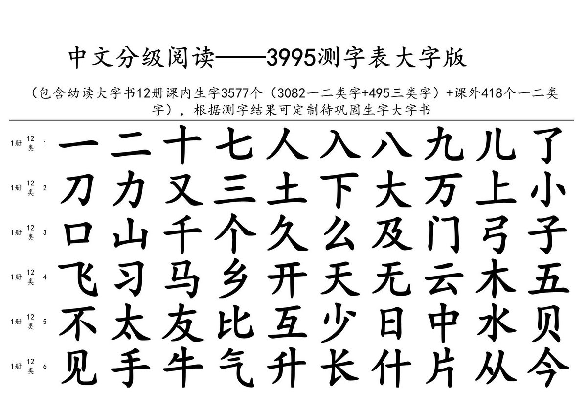 图片[1]-中文分级阅读3995测字表大字版，52页PDF电子版可打印-淘学学资料库