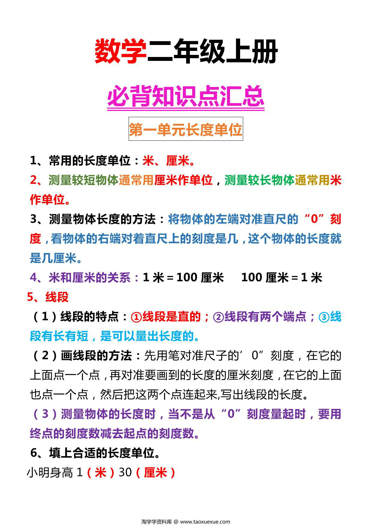 图片[1]-二年级上册数学必背知识点汇总，8页PDF可打印-淘学学资料库