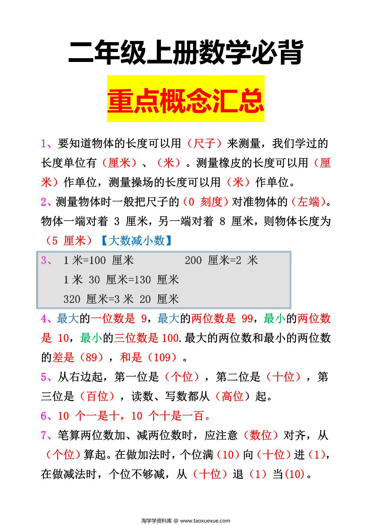 图片[1]-二年级上册数学必背重点概念汇总，3页PDF可打印-淘学学资料库