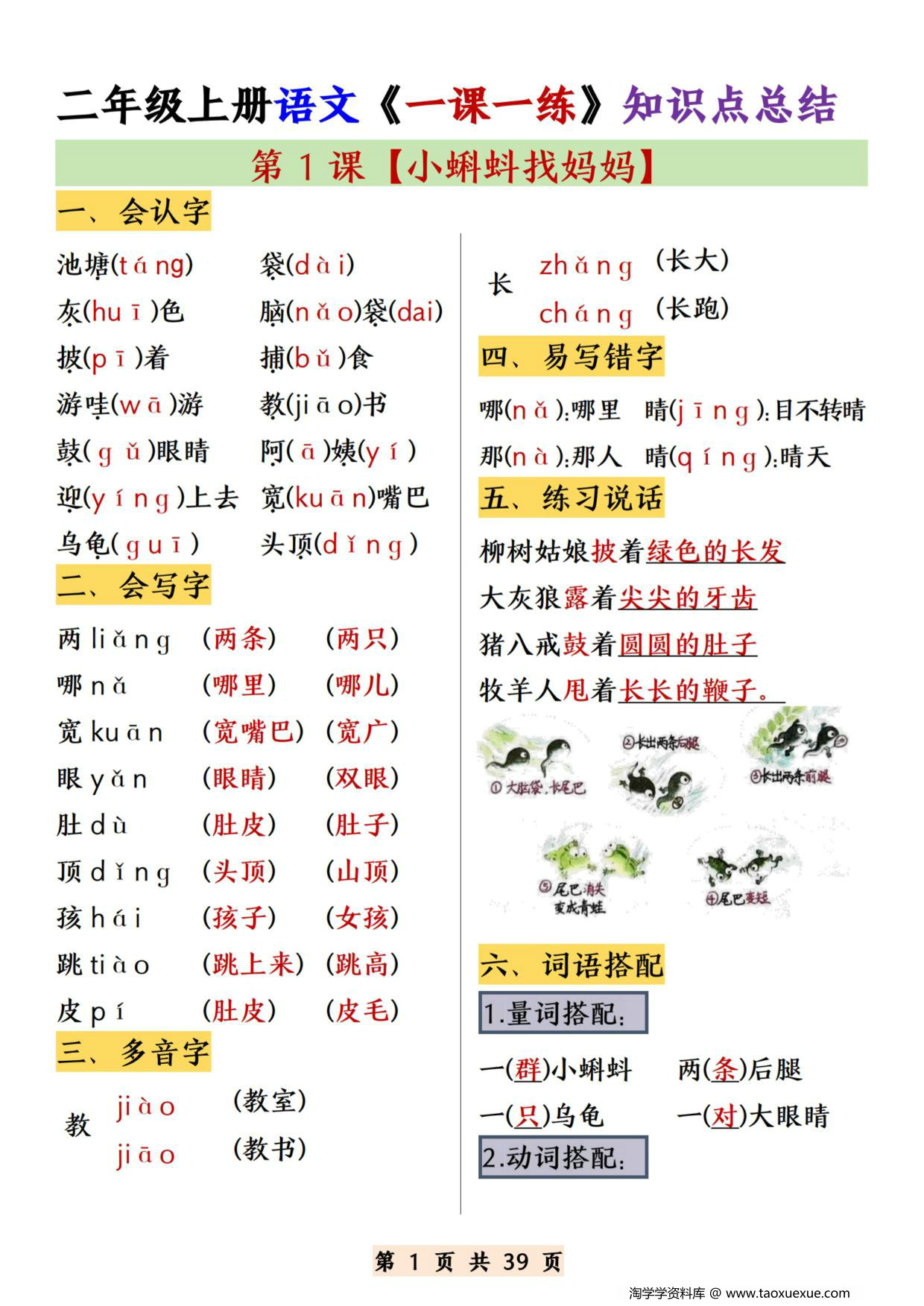 图片[1]-二年级上册语文1-22课《一课一练》知识点总结，39页PDF电子版-淘学学资料库