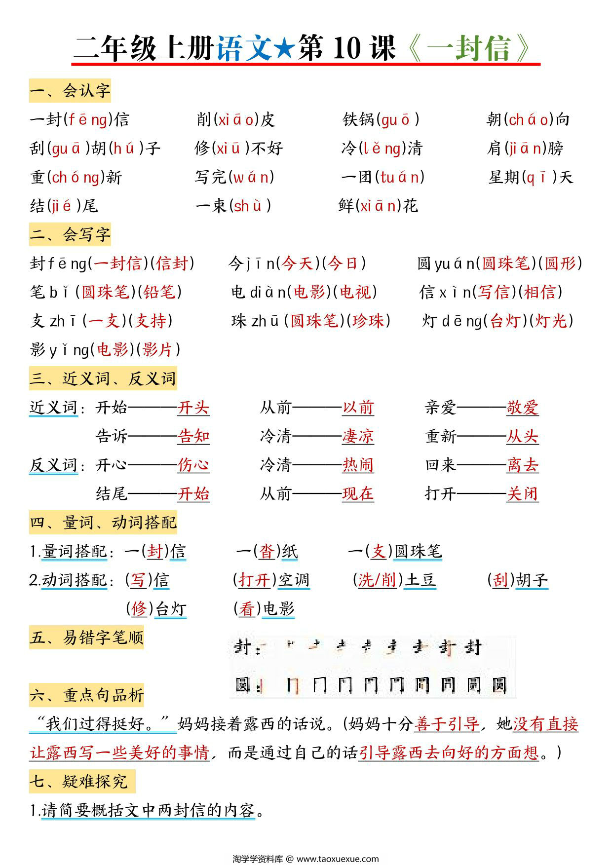 图片[2]-二年级上册语文1-6单元（1-22课）每课考点知识总结，39页PDF电子版-淘学学资料库