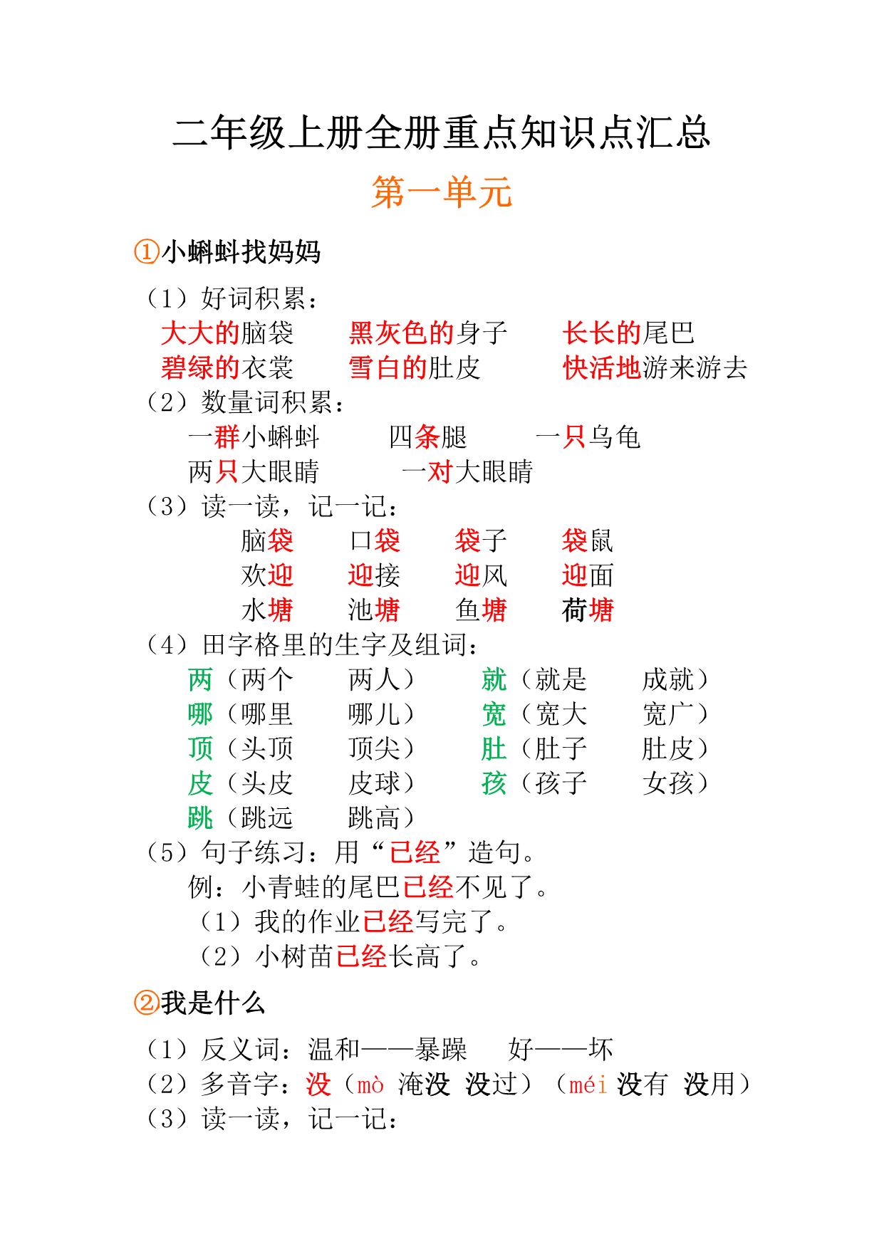 图片[1]-二年级上册语文全册每课重点知识点汇总 18页PDF-淘学学资料库