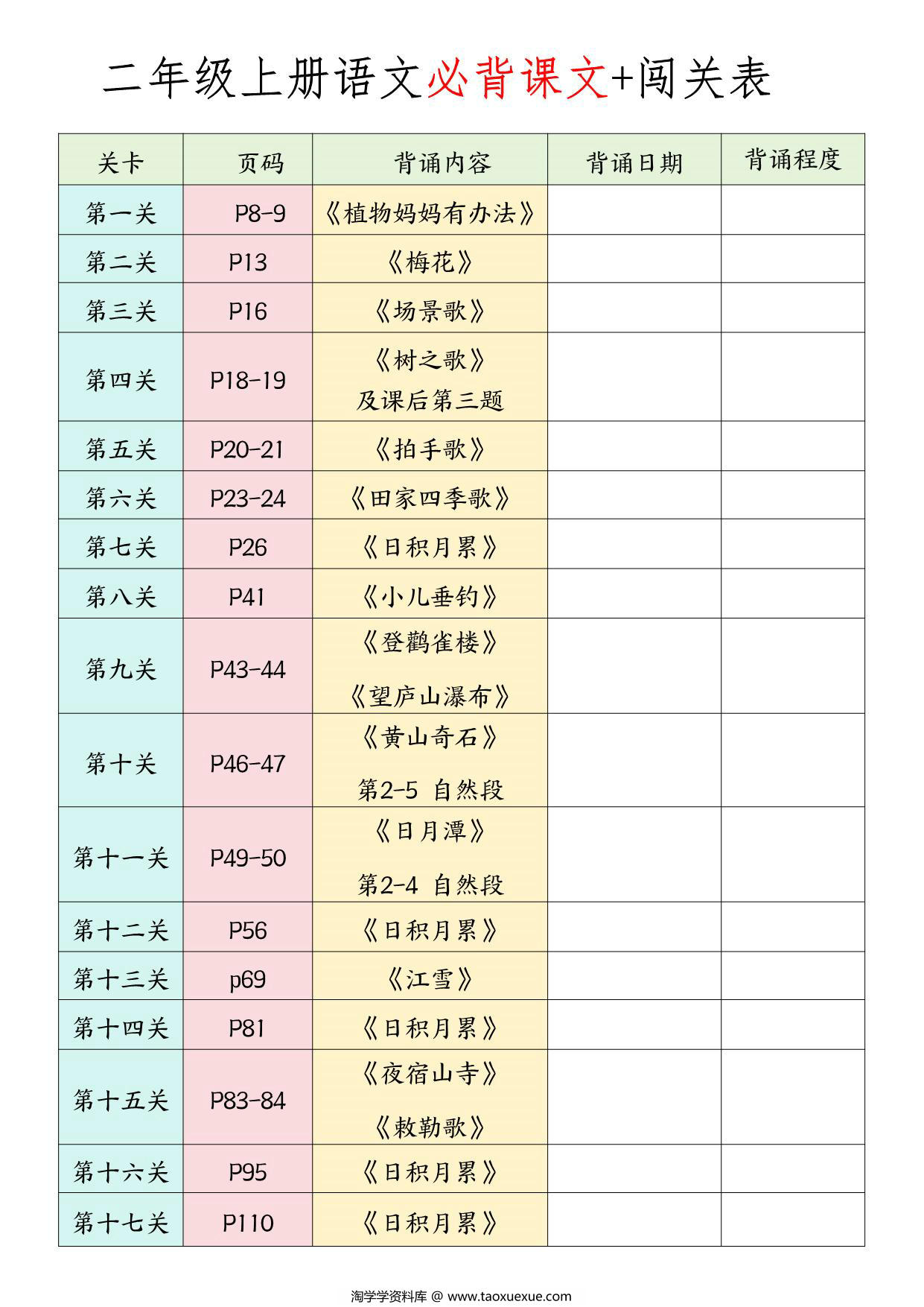 图片[1]-二年级上册语文必背课文+闯关表，9页PDF可打印-淘学学资料库