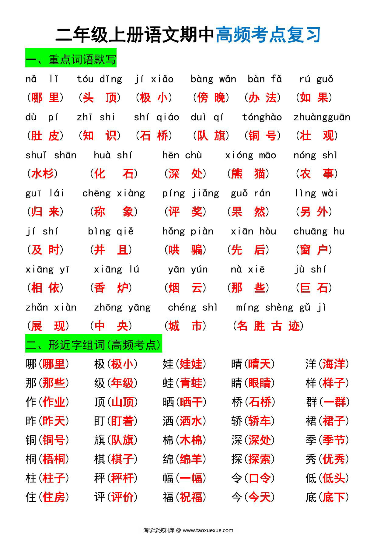 图片[1]-二年级上册语文期中高频考点复习，8页PDF可打印-淘学学资料库