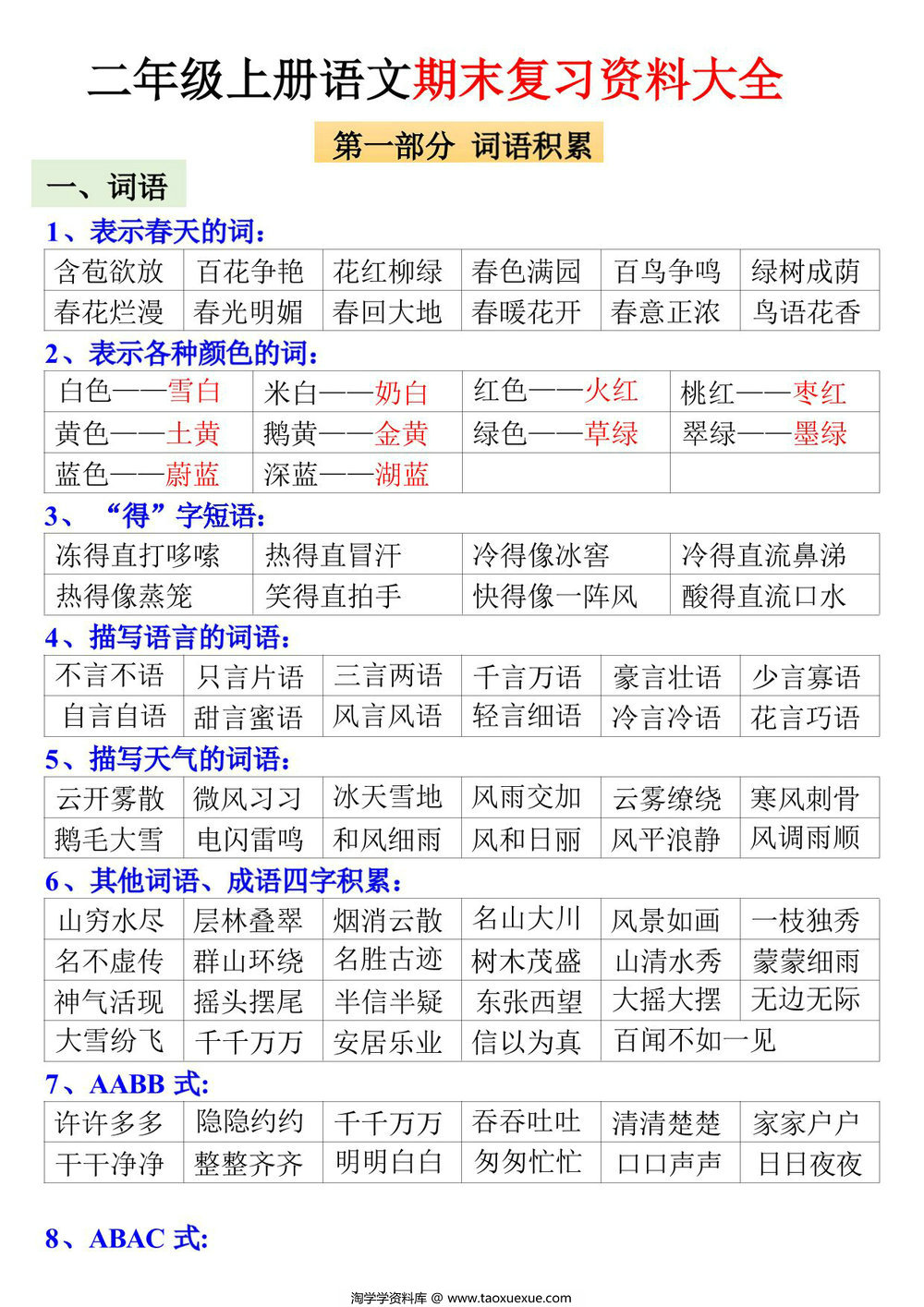 图片[1]-二年级上册语文期末复习资料大全，9页PDF电子版-淘学学资料库