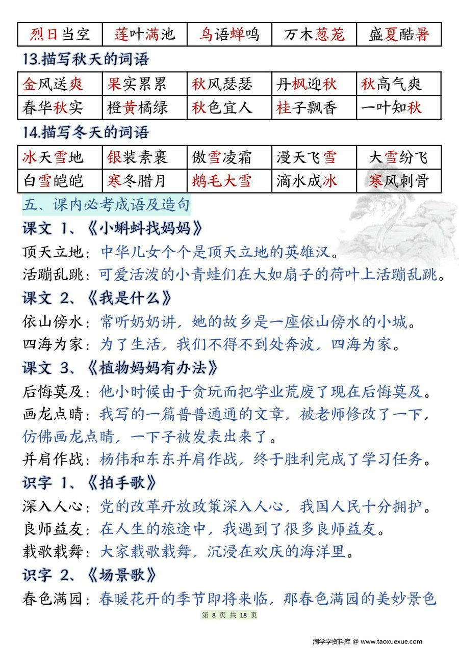 图片[2]-二年级上册语文期末知识点汇总总复习，18页PDF可打印-淘学学资料库