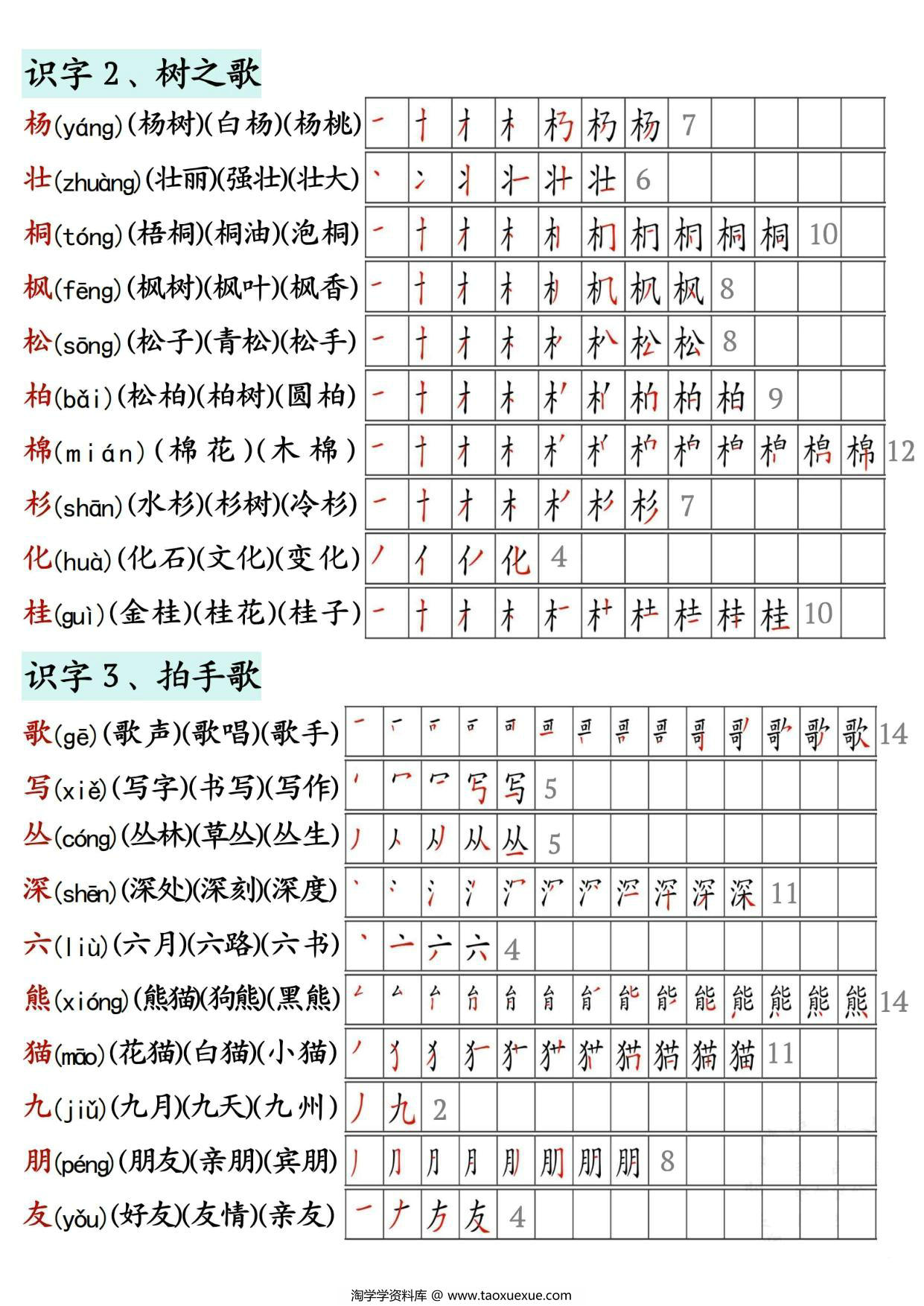 图片[3]-二年级上册语文生字拼音组词笔顺，14页PDF可打印-淘学学资料库