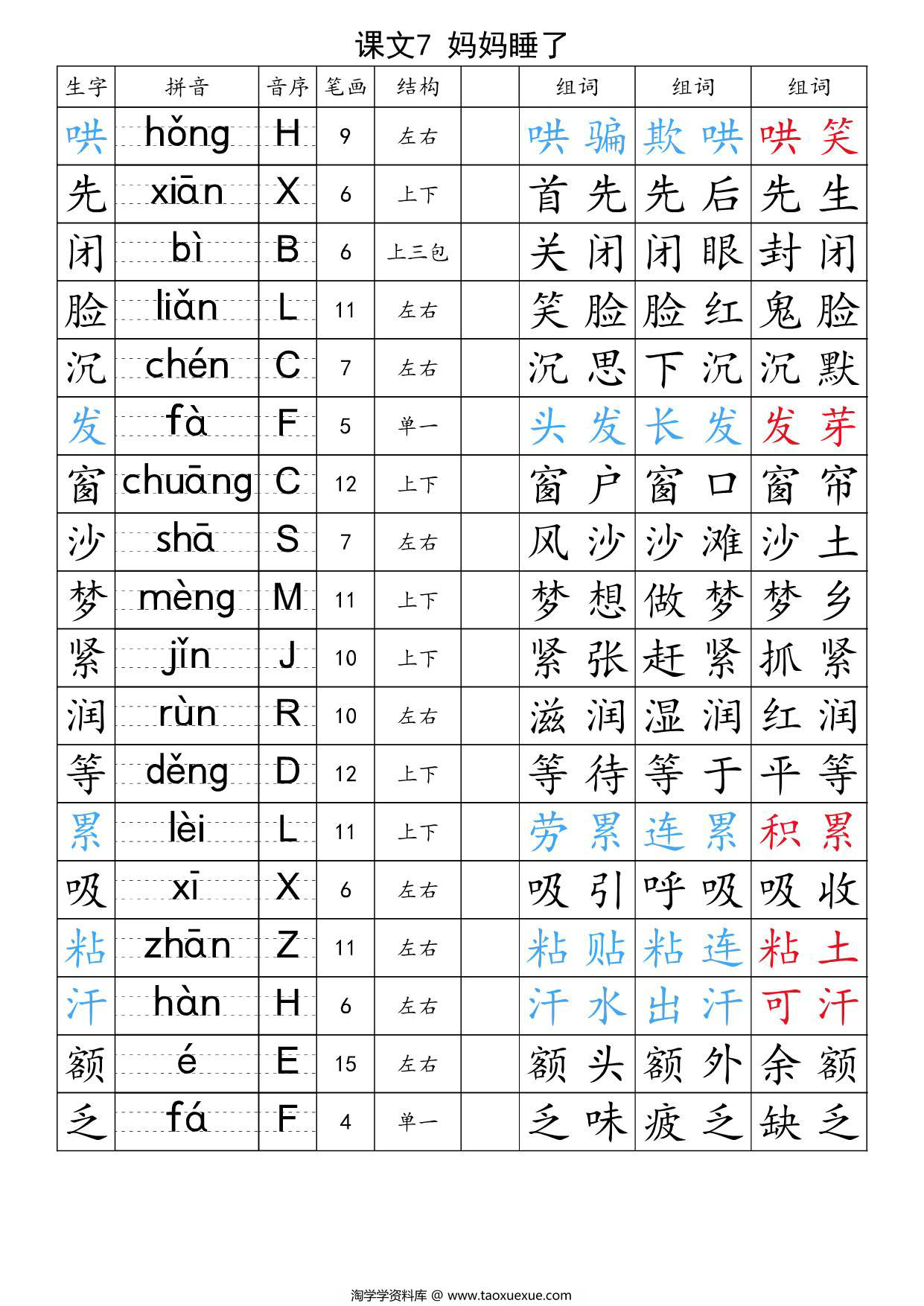 图片[3]-二年级上册语文生字注音组词表-识字表+写字表，47页PDF可打印-淘学学资料库